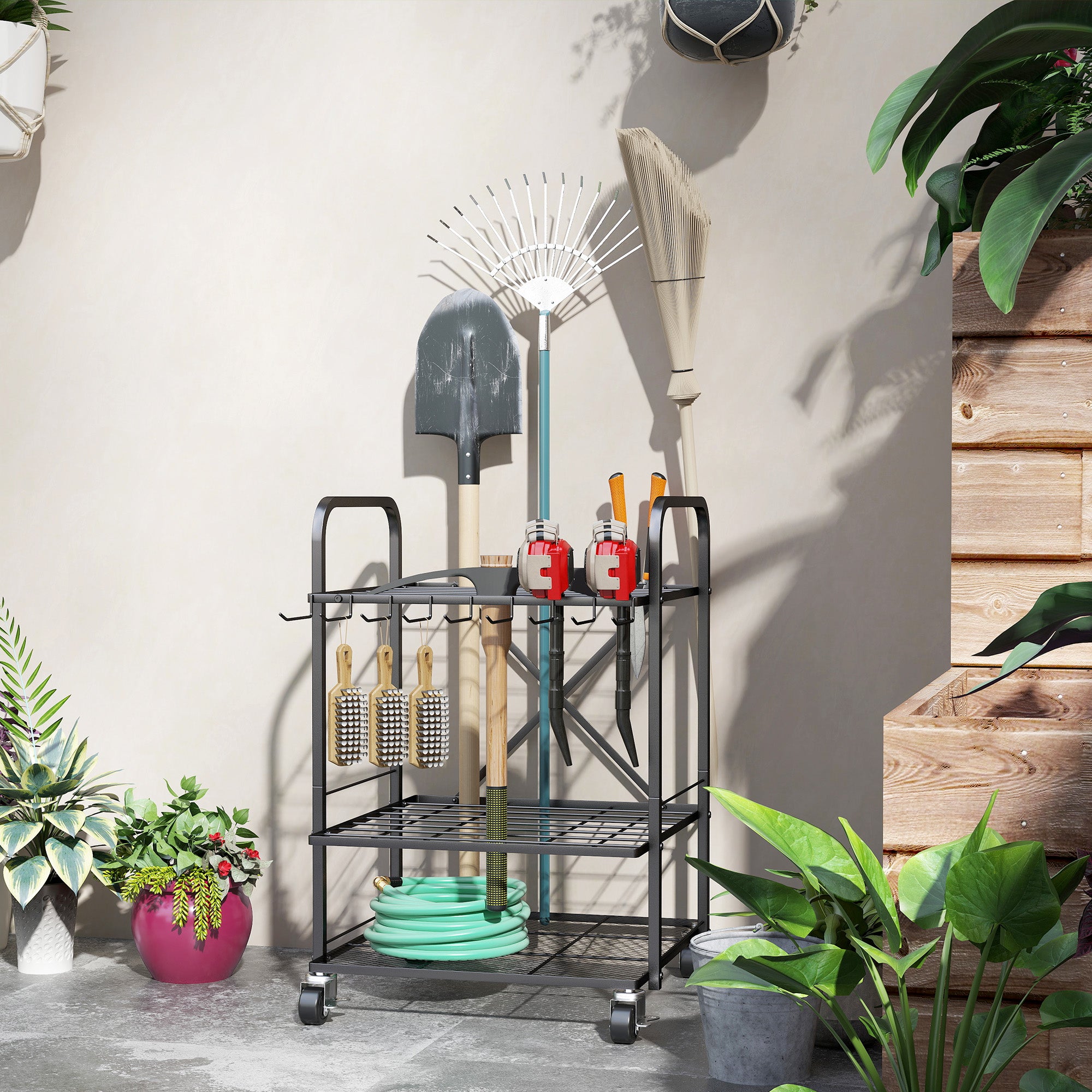 Outsunny Gartenwerkzeug Organizer mat 9 Haken, 40-Kompartimenten Gartenwerkzeug Halter, Metall Garage Werkzeigrack op Rieder fir Schëffelen, Schaufelen, Rechen, Schwaarz