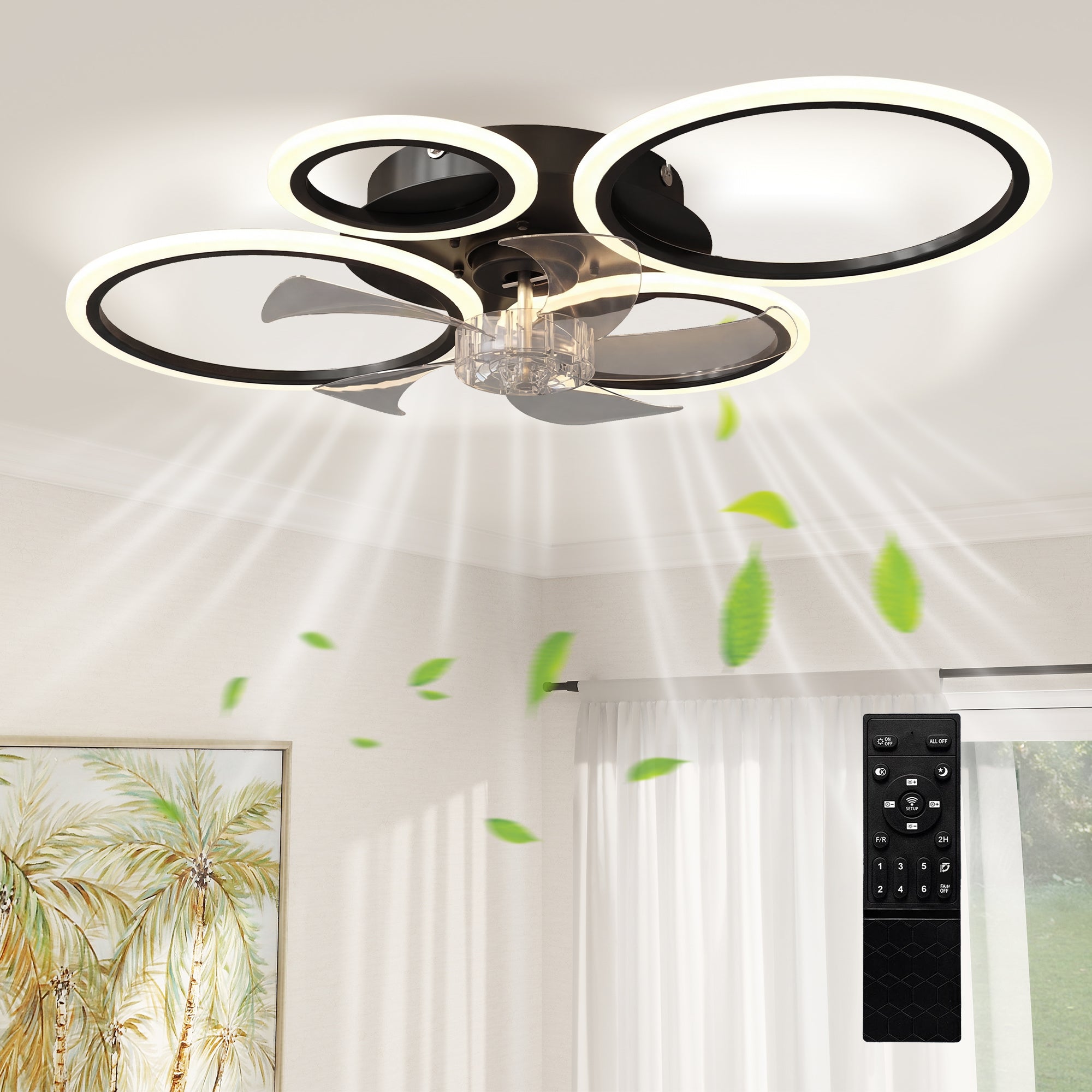 HOMCOM LED griestu ventilators ar gaismu, kluss 77 cm — tālvadība, 6 ātrumi, 3 krāsu temperatūras, DC motors, taimeris — melns