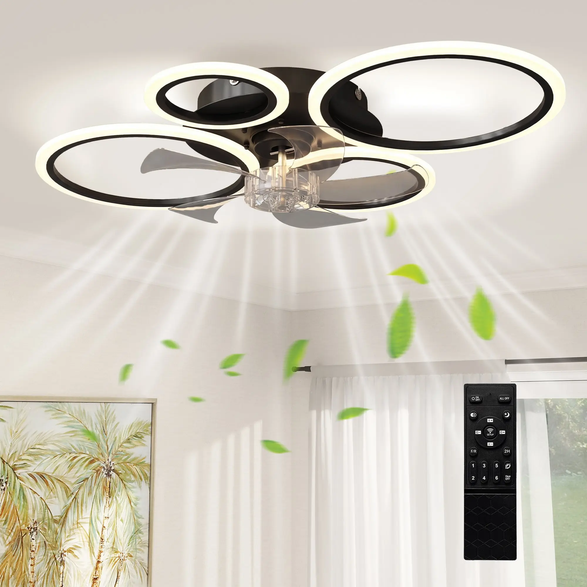 LED Ceiling Fan Light, Quiet 30" (77 cm) with Remote — 6 Speeds, 3 Color Temperatures, DC Motor, Timer — Black