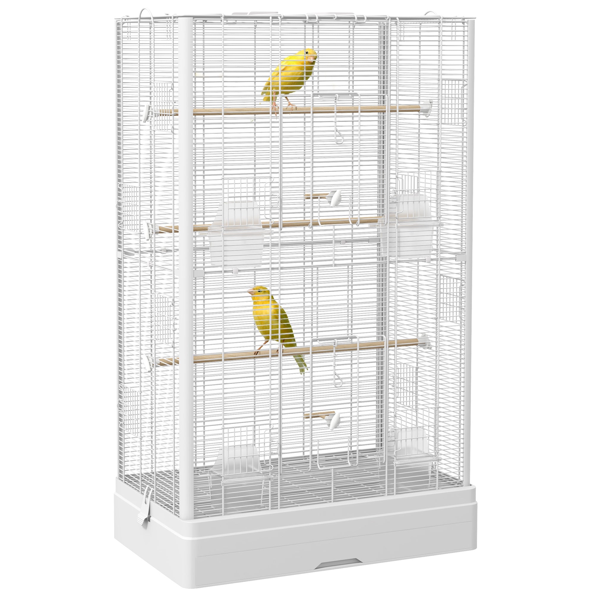 Птича клетка PawHut 61x36.5x98 см с врати, седалки, поднос, съдове за храна и дръжки за стойки на бухалите, папагали, златисти и канарчета - Бял
