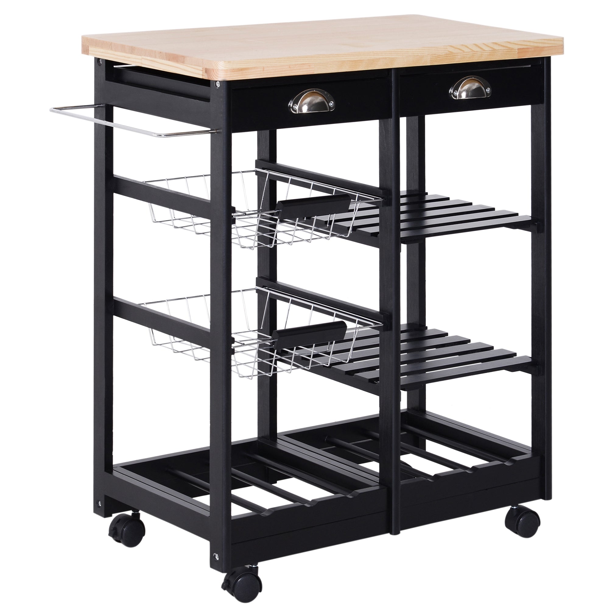 Chariot de Cuisine Mobile HOMCOM avec Roues - Chariot de Légumes avec 2 Tiroirs, 2 Panier et 2 Étagères pour Salle à Manger 74x37x76 cm Noir