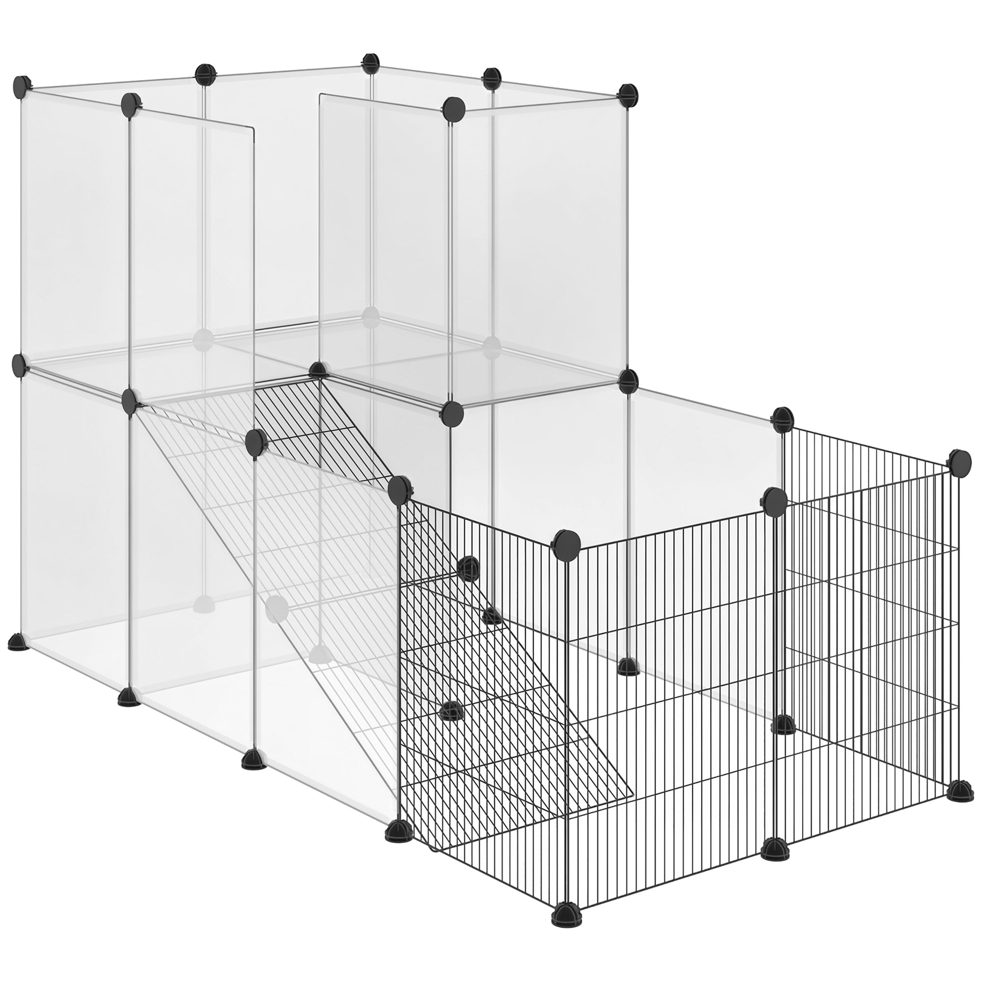 PawHut Kleng Déier Käfeg Spillpen mat 27 Paneelen a personaliséierbarer Form fir Ginepig, Kaninchen, Chinchillaen 140x70x90 cm Transparent