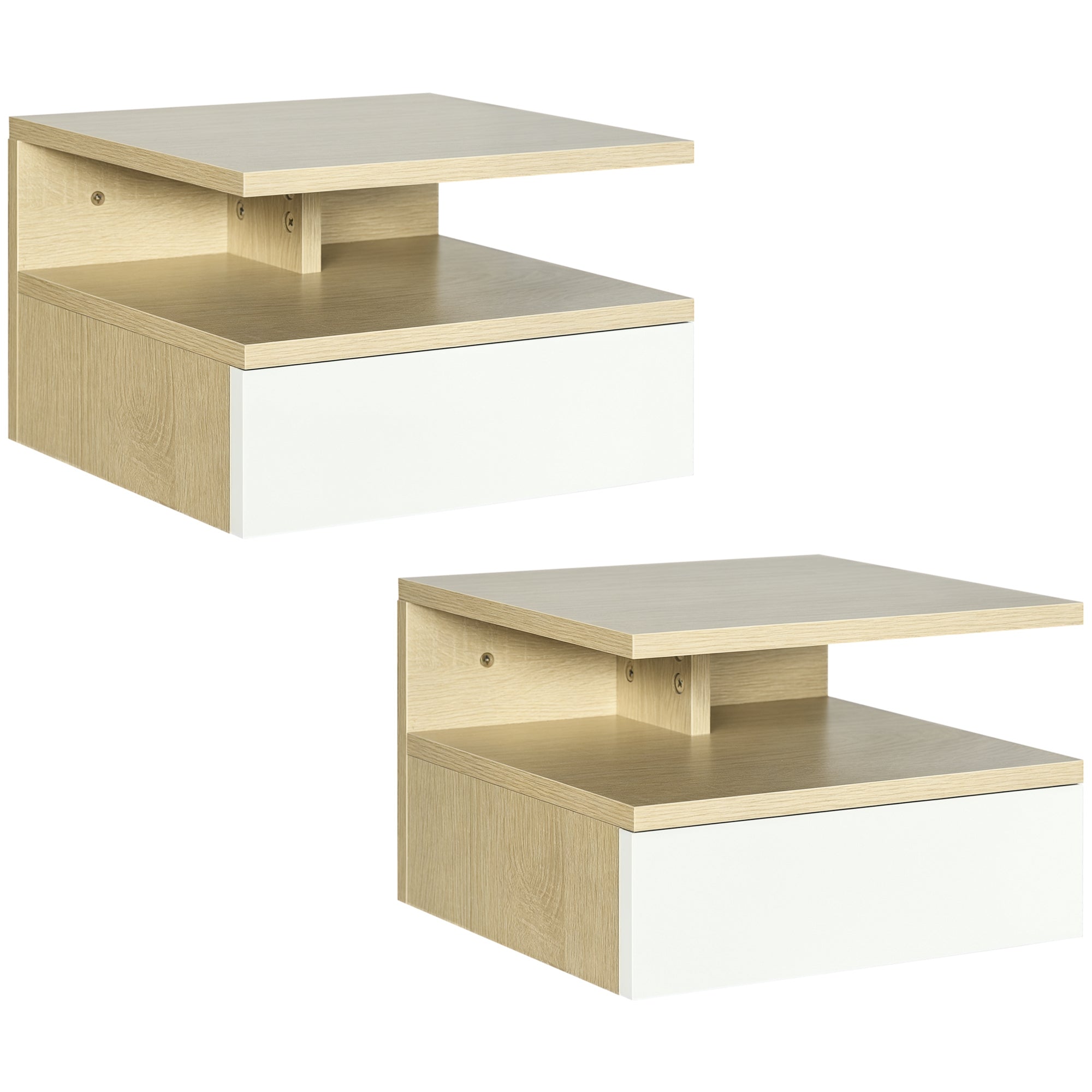 HOMCOM 2 Tükki Õhku Kätked Öötabelit Seinapealsed Öökapid 1 Sahtliga ja Avatud Riidega Magamistuppa 35x32x22.5 cm Kask ja Valge