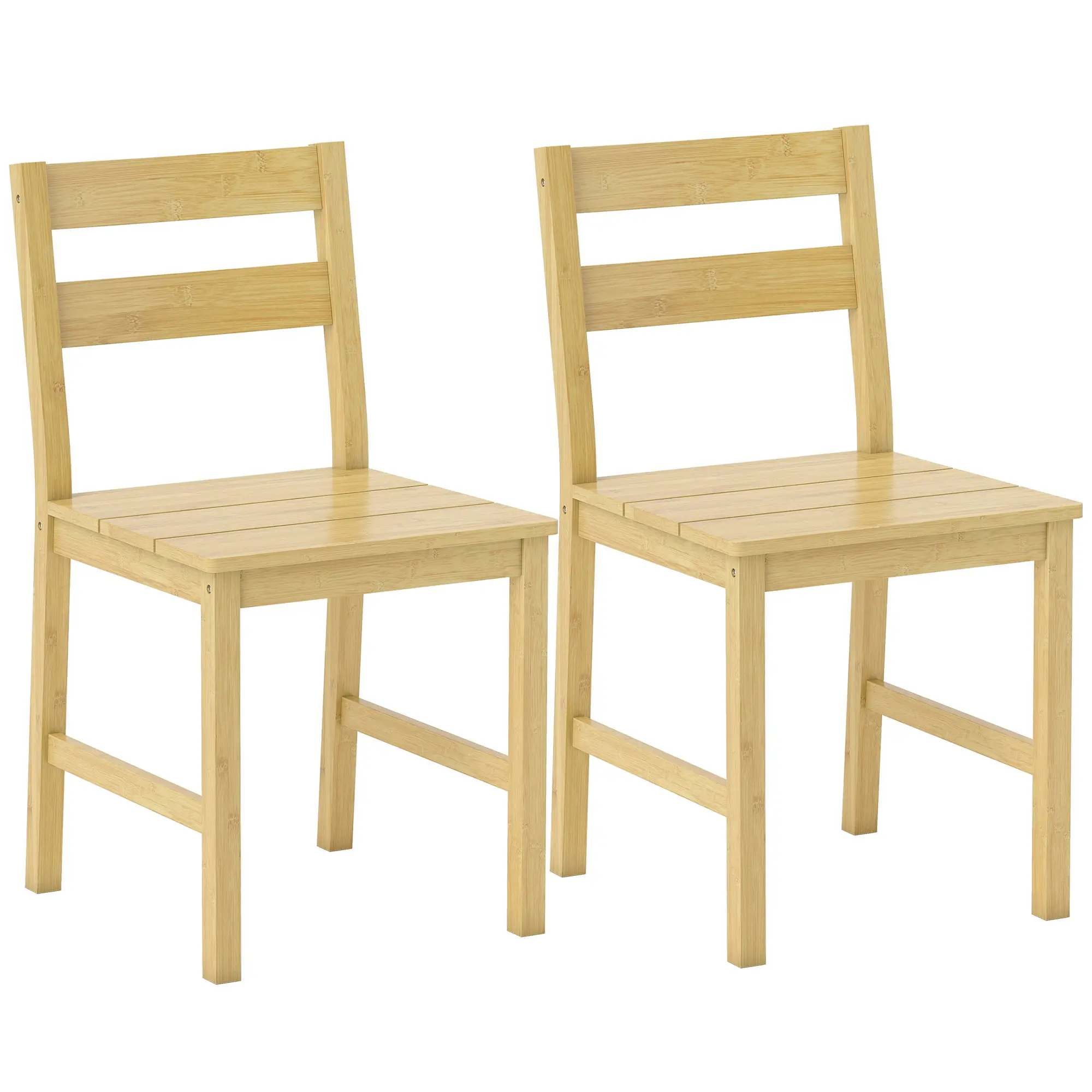 Set of 2 Bamboo Dining Chairs, Armless Slatted Seat with Curved Back — Natural Wood Effect