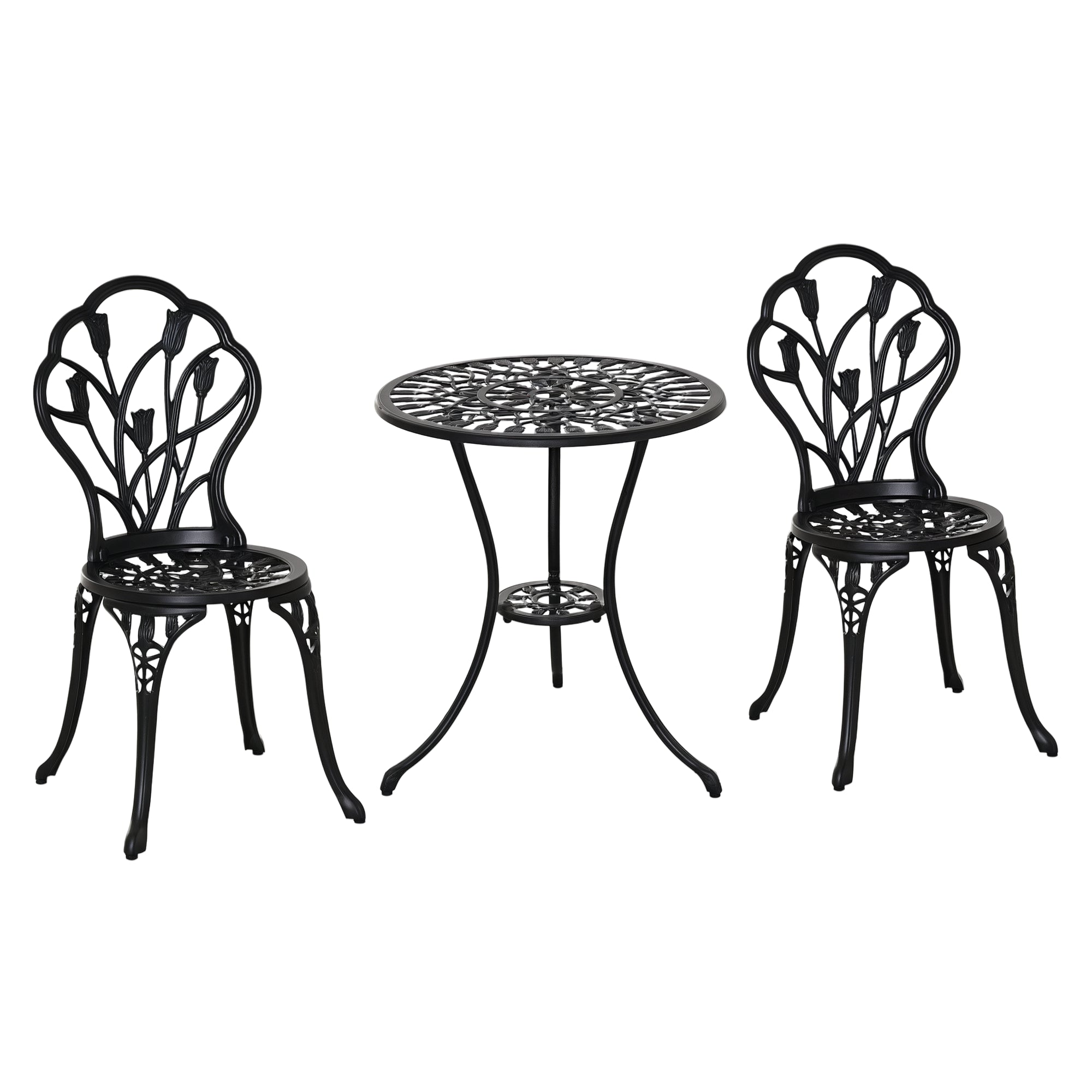 Outsunny 3-teiliges Bistro-Set aus Aluminium – Gartenmöbel Set mit geschnitztem Design, Sitzgruppe mit Gartenstühlen, Bistro-Tisch mit Schirmloch, Outdoor-Balkonmöbel Set