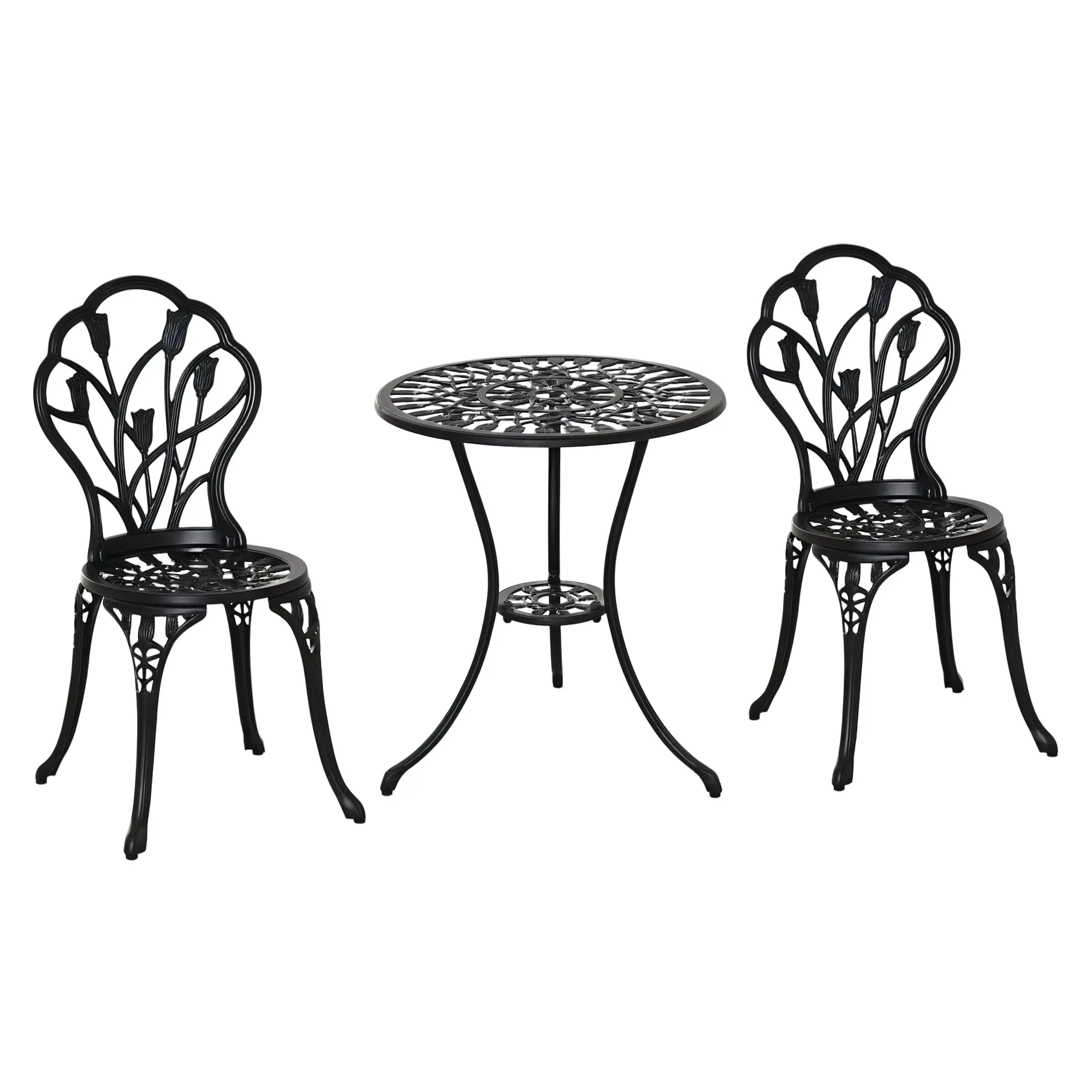 3-Piece Aluminum Bistro Set with Carved Table & Chairs, Umbrella Hole, Adjustable Feet, Outdoor Balcony Garden Furniture Black