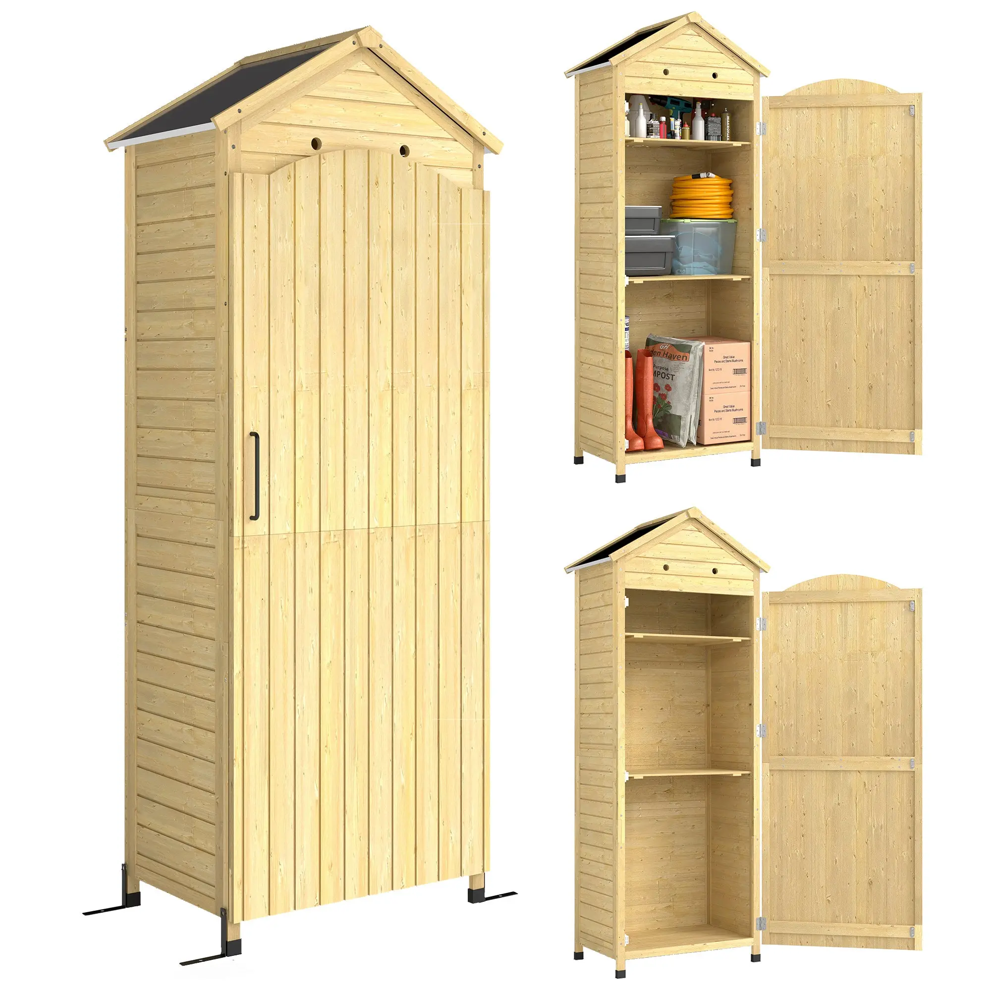 Wooden Garden Shed, Tall Outdoor Storage Cabinet with Adjustable Removable Shelves, Galvanised Metal Roof & Anti-Tip Kit, 85 x 58 x 213 cm, Natural