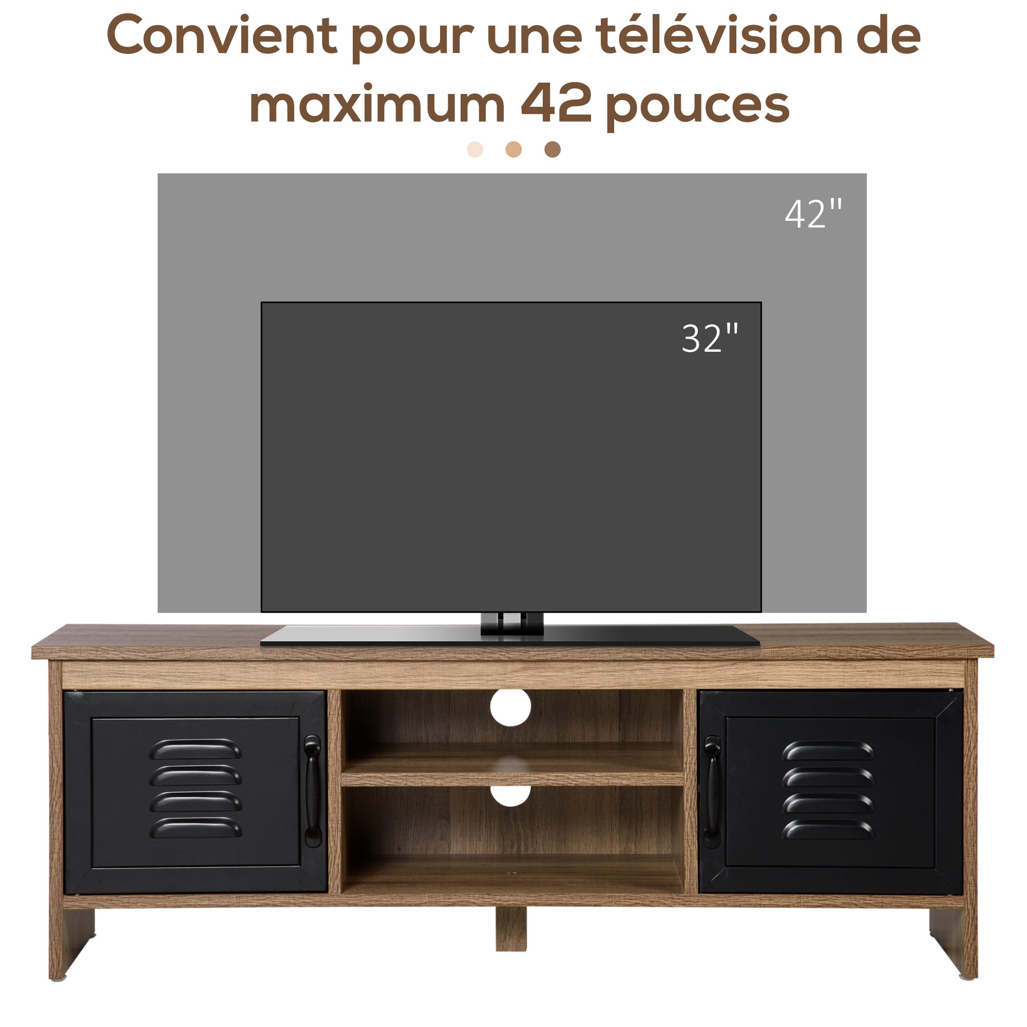 HOMCOM 110 cm TV-Stand im Industrial Design mit 2 Schränken, 2 Nischen, 2 Kabeldurchführungen, Holzmaserung und schwarzen Metalltüren