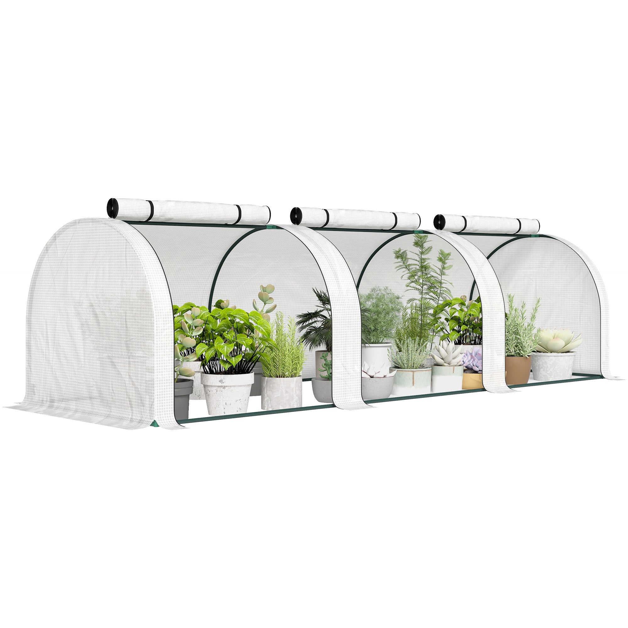 Outsunny mini aiakasvuhoone tunnel tomatitele 3 x 1 x 0,8 m, pulbervärvitud terasraam, kõrge tihedusega 140 g/m² PE, UV-kindel, 3 rulltõmmatavat ust (valge)