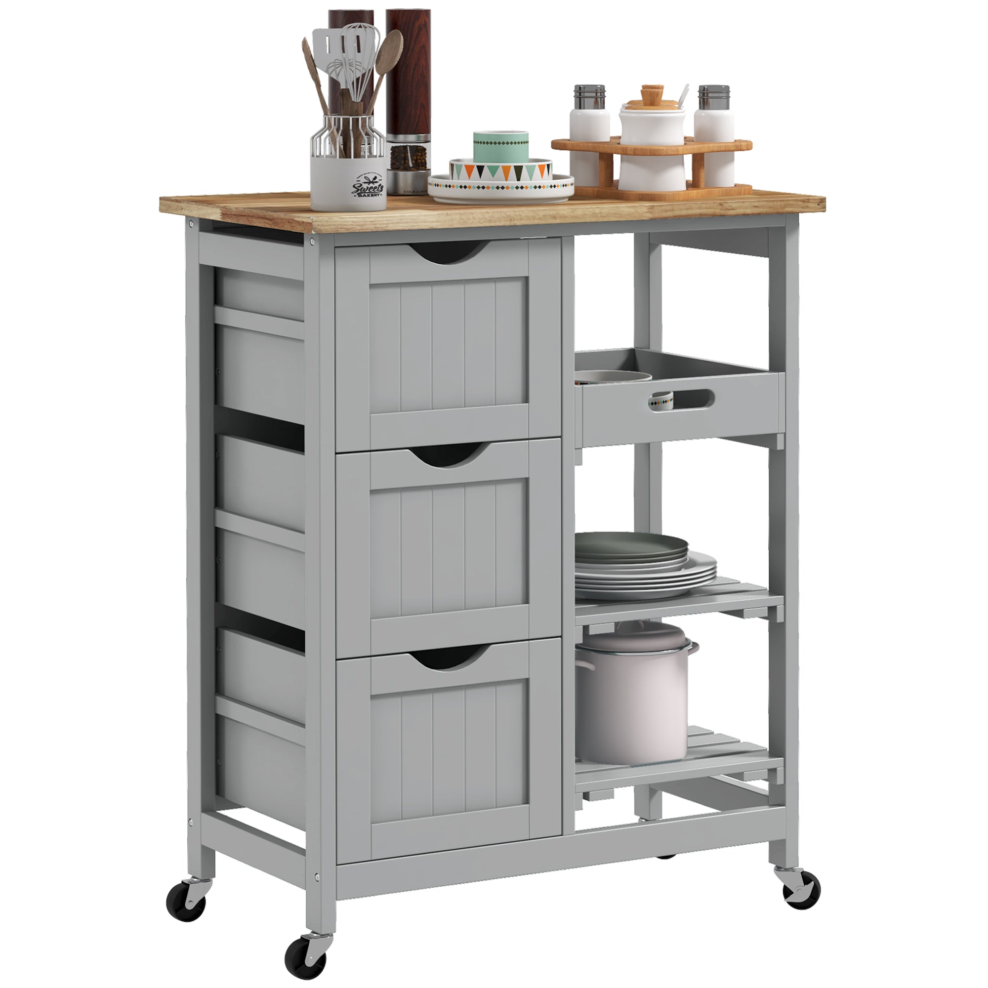 HOMCOM virtuves ratiņi ar riteņiem, koka virsma, 3 atvilktnes, 2 atvērtas plaukti un noņemama paletīte ēdamzālei vai viesistabai 67x37x85.5 cm pelēka