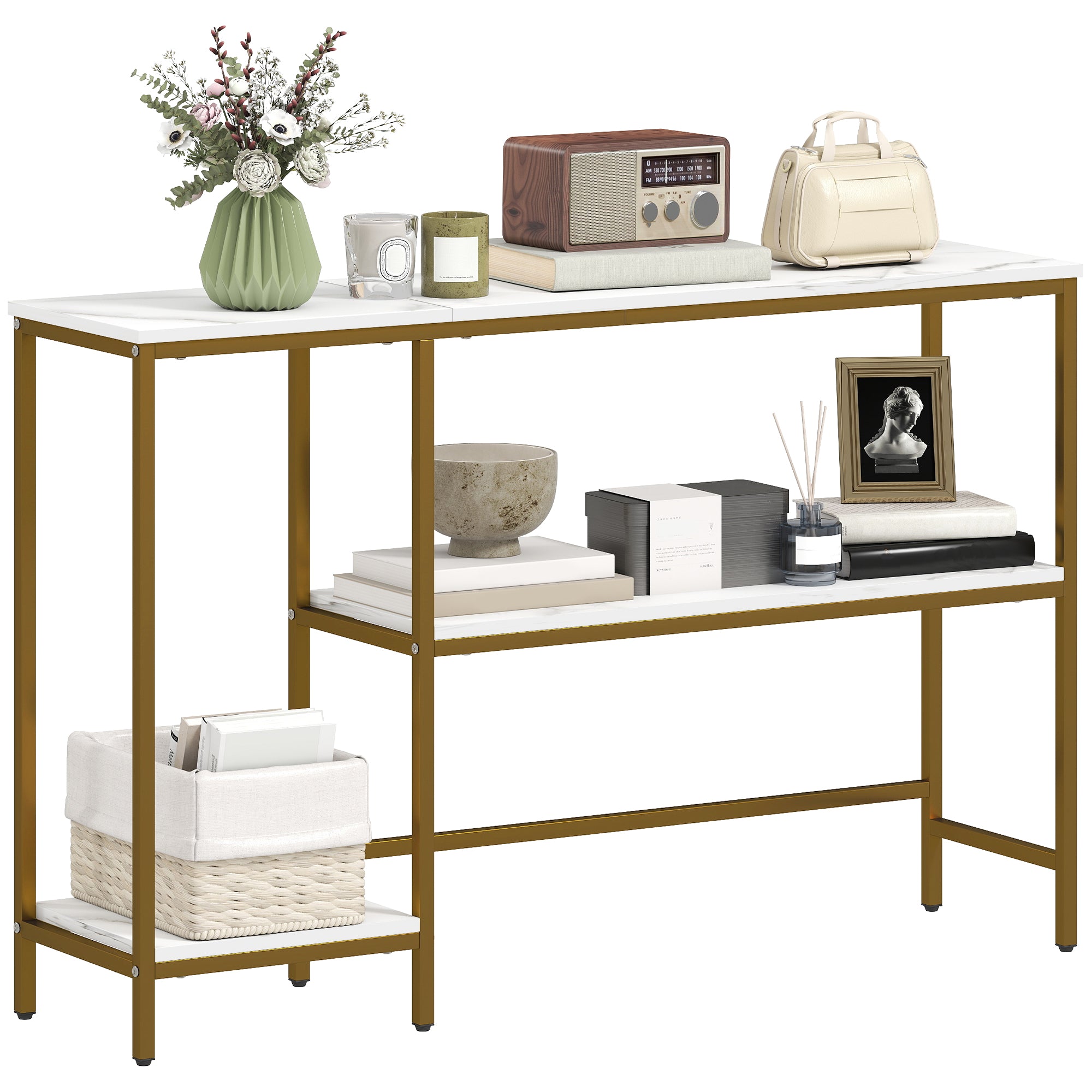 HOMCOM Konsolltisch, 3-stäreg, Marmor-Effekt Uewerflächen, Metallframe, Entrée- & Flurtisch, Wäiss/Gold – 120 × 30 × 76,5 cm