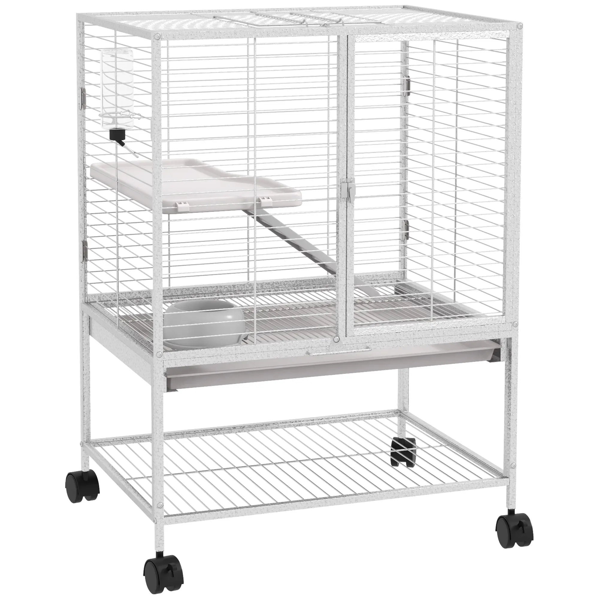 Small Animal Cage on Wheels 2 Levels with 2 Doors, 1 Ramp, 1 Storage Shelf, Bowl, Bottle - 61.5 x 44.5 x 86 cm, Gray