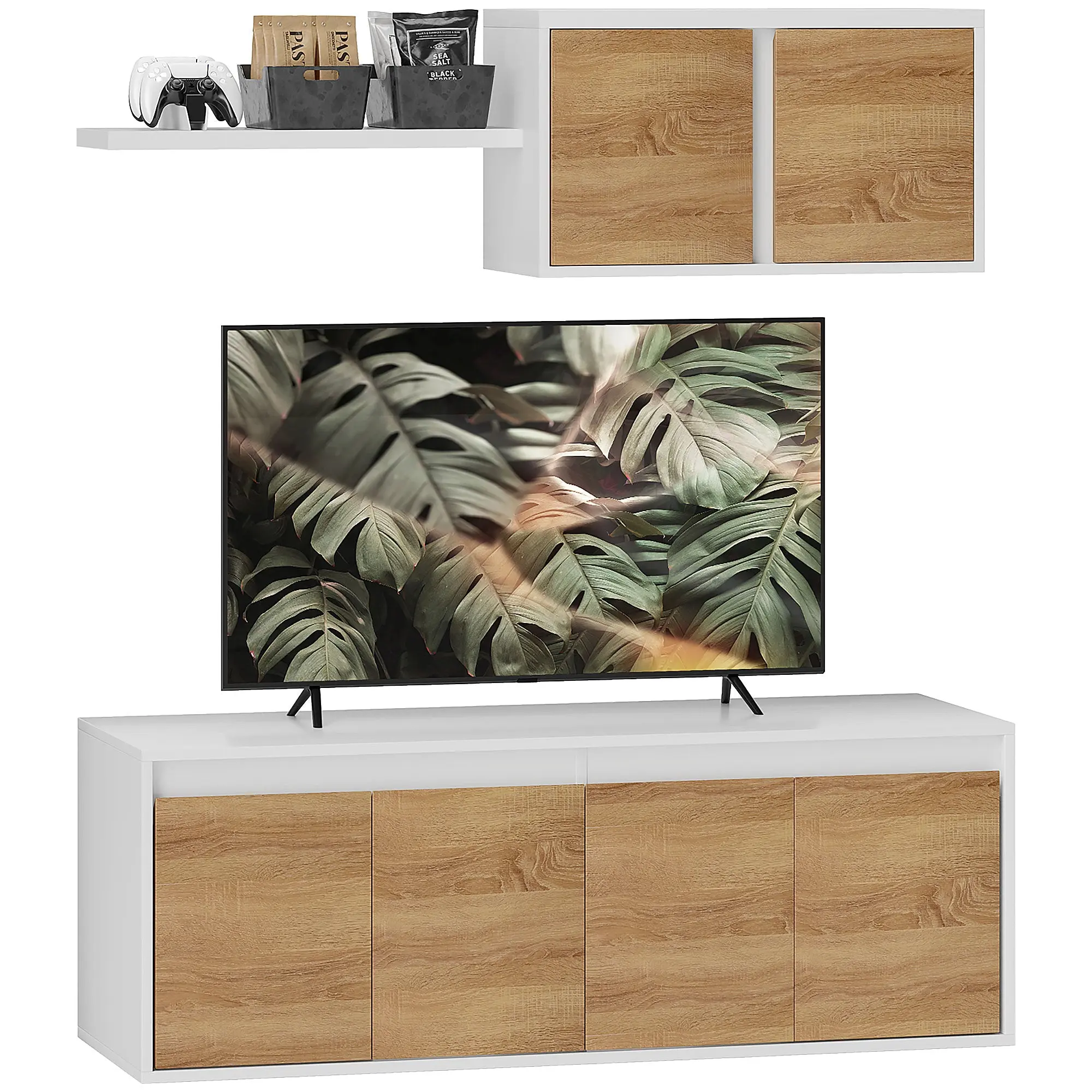 TV Stand and Wall Cabinet Set with 7 Shelves and Open Shelf, Particle Board TV Stand, 120x41x43.3 cm, White and Wood Color
