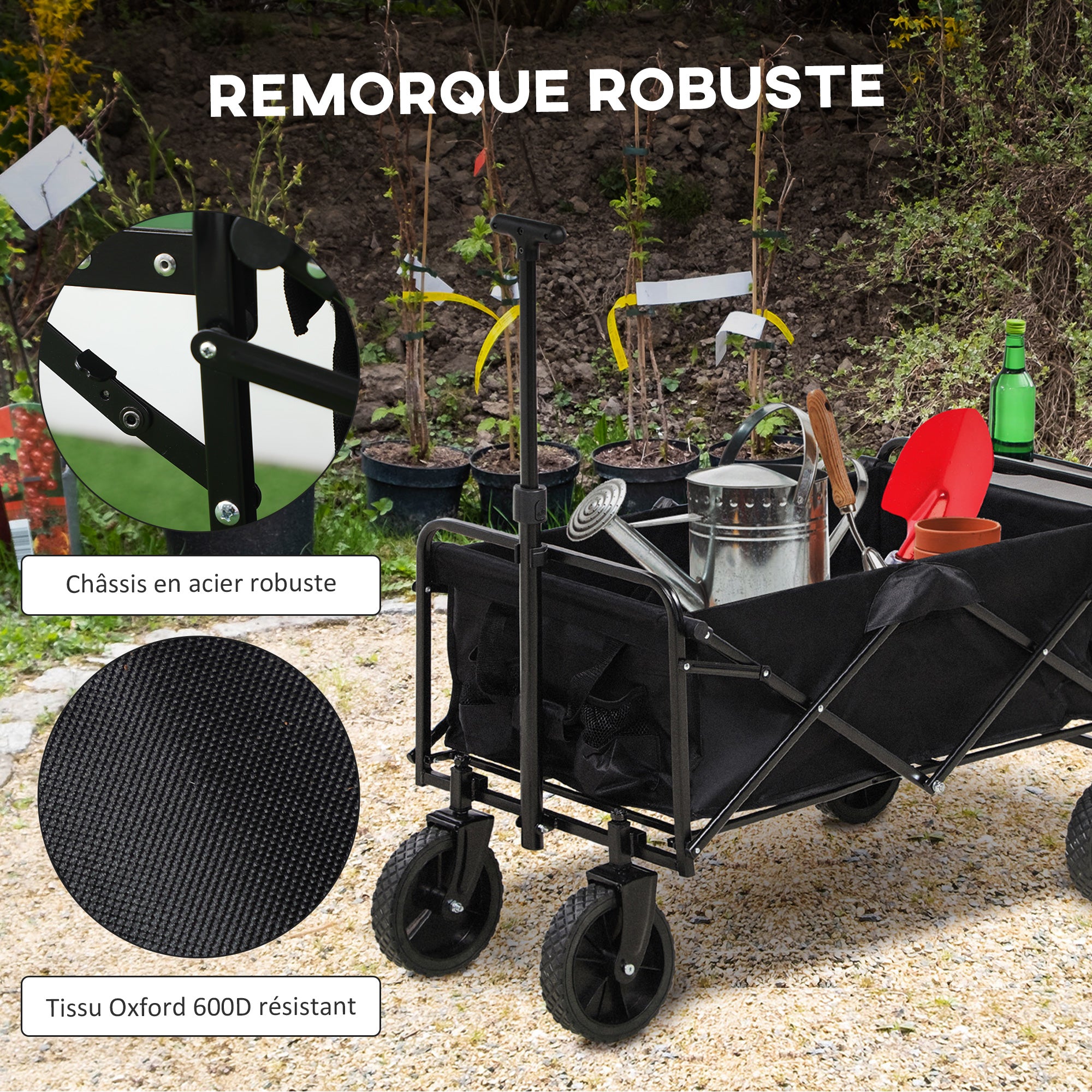 Outsunny Faltbar Strandwuert, 4-Rad Transport Wuert, Entfernbar Hoer, Teleskop Handgriff, Justierbar Neigung, Faltbar Tablett 117L x 51W x 100H cm schwaarz