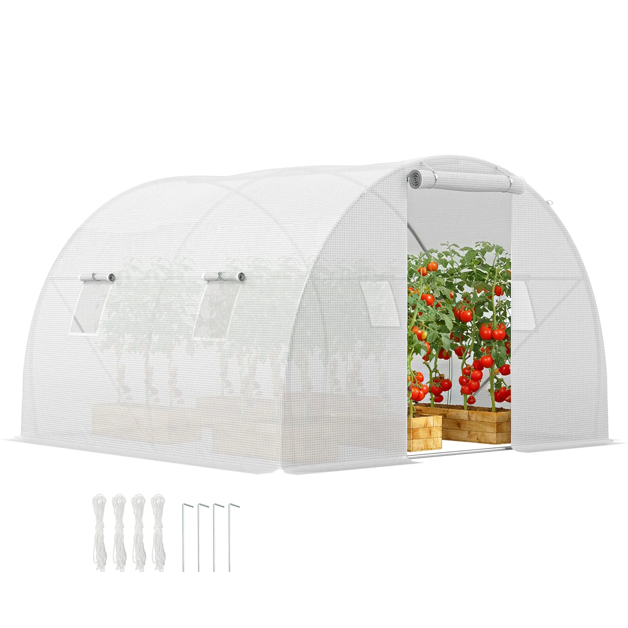 Tunnel Greenhouse 9 m² (3 x 3 x 2 m) - 4 Windows, Roll-Up Zip Door - Galvanized Steel Frame, High-Density PE Cover, White