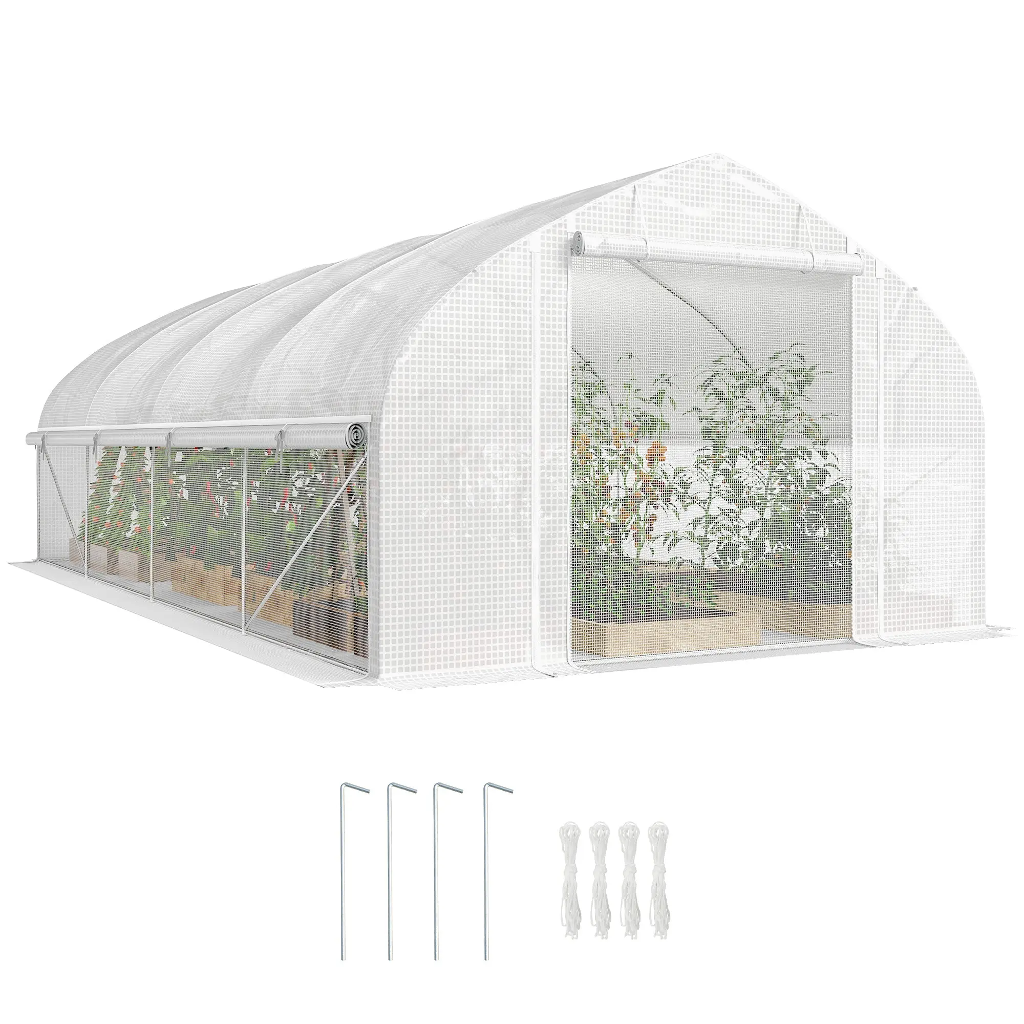 Outdoor Tunnel Greenhouse, 6 × 3 × 2 m (19.5 × 9.8 × 6.6 ft) — 8 Mesh Windows, 140 g/m² PE Cover, UV-Resistant, Roll-Up Zipper Door, Mesh Sidewalls, White