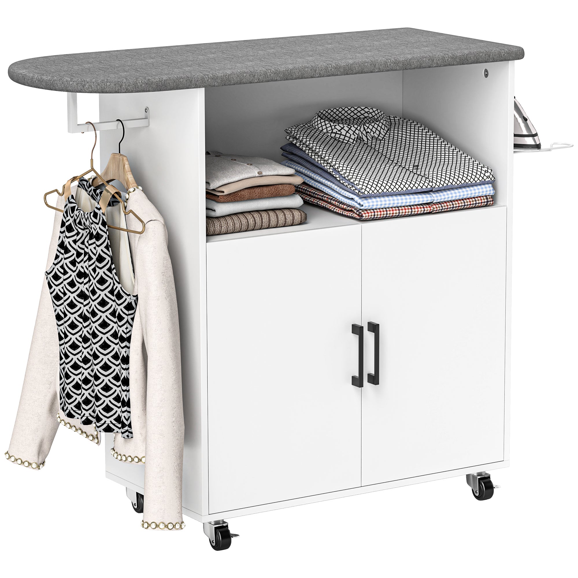HOMCOM Gludināšanas Skapītis ar Ritenīšiem, Gludināšanas Skapītis ar Apģērbu Karājošo Stieni, Atvērta Plaukt, un Gludināšanas Dēlis 125x43.5x102.5 cm Balts
