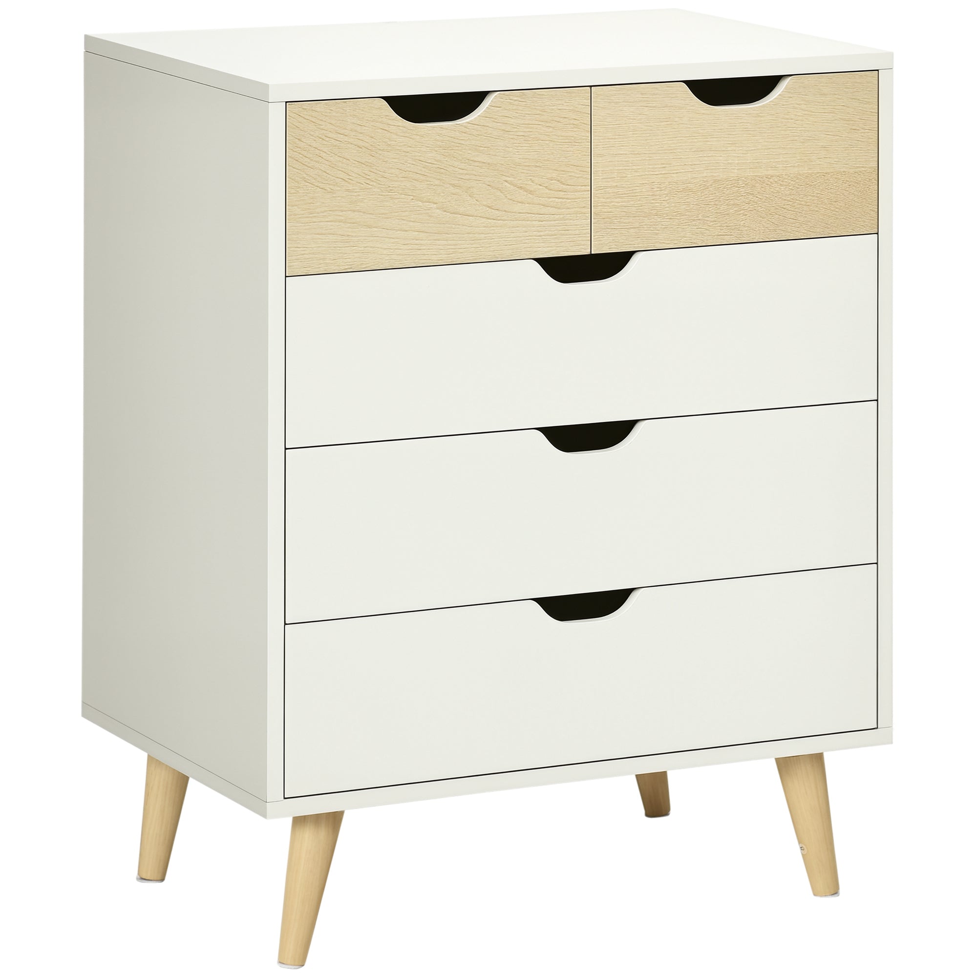 HOMCOM 5-komodni ormar s ladicama s podignutim nogama za spavaću sobu ili dnevni boravak, modernog stila, protiv prevrtanja, dimenzije 60x40x77,5 cm, prirodni i bijeli