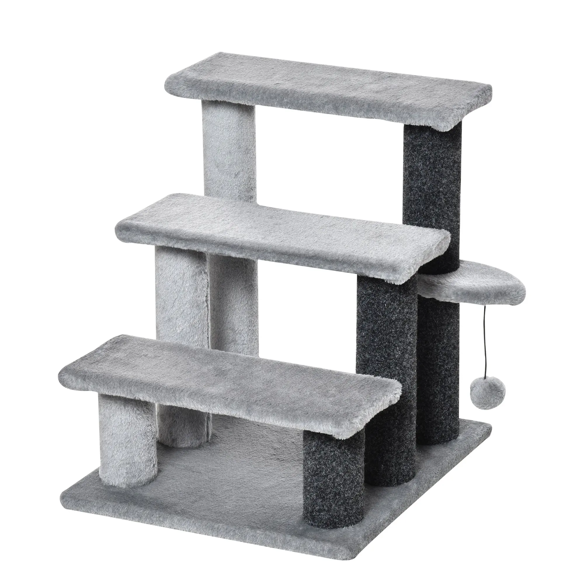 Cat Stairs 3-Step Pet Stairs with Scratching Posts Ball Dog Stairs Animal Stairs for Cats up to 5 kg Plush Jute Gray 45 x 40 x 48 cm