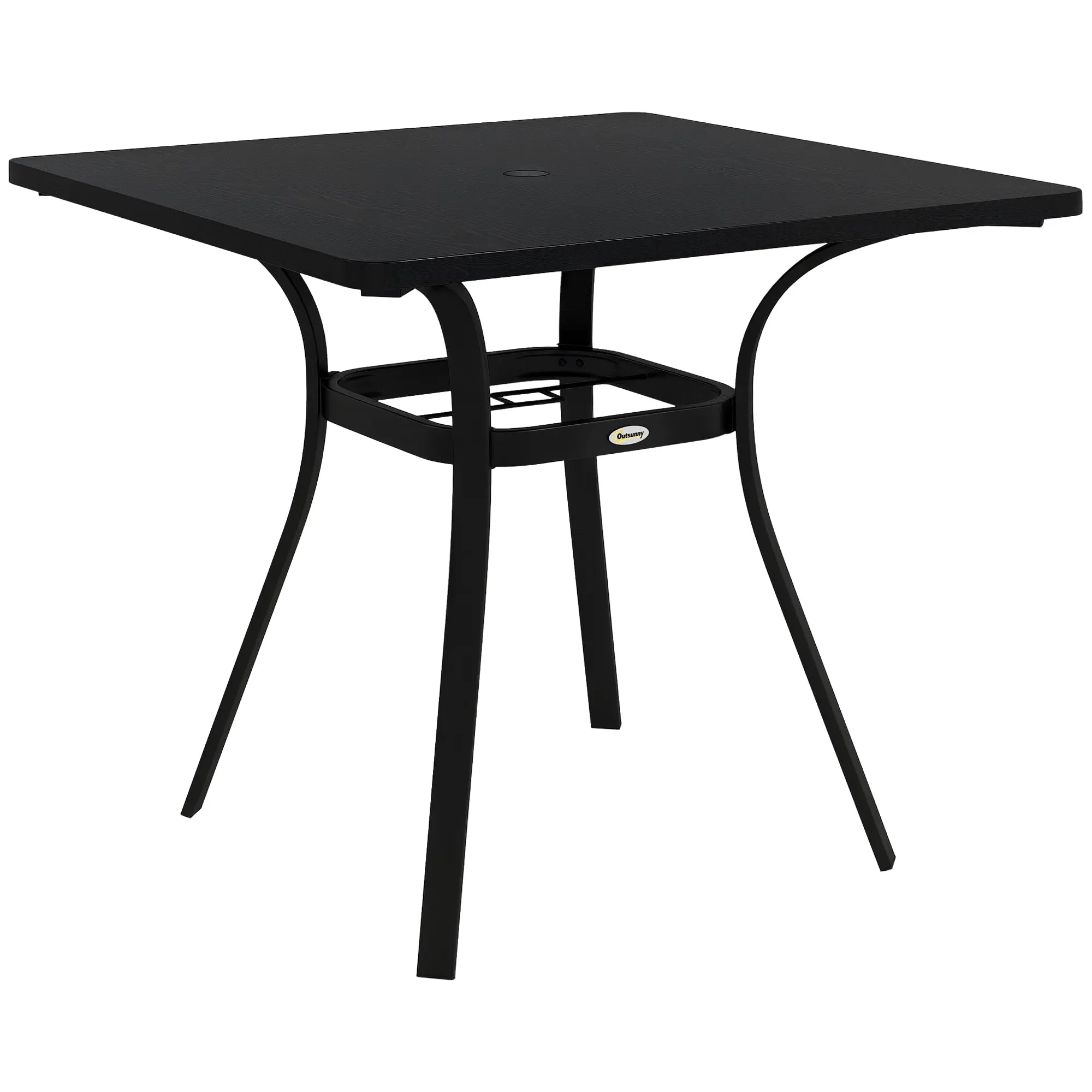 Garden Table, Dining Table with Umbrella Hole, Square Balcony Table for 4 Persons with Foot Pads, Supports up to 70 kg for Patio, Steel, Black, 80 x 80 x 76 cm