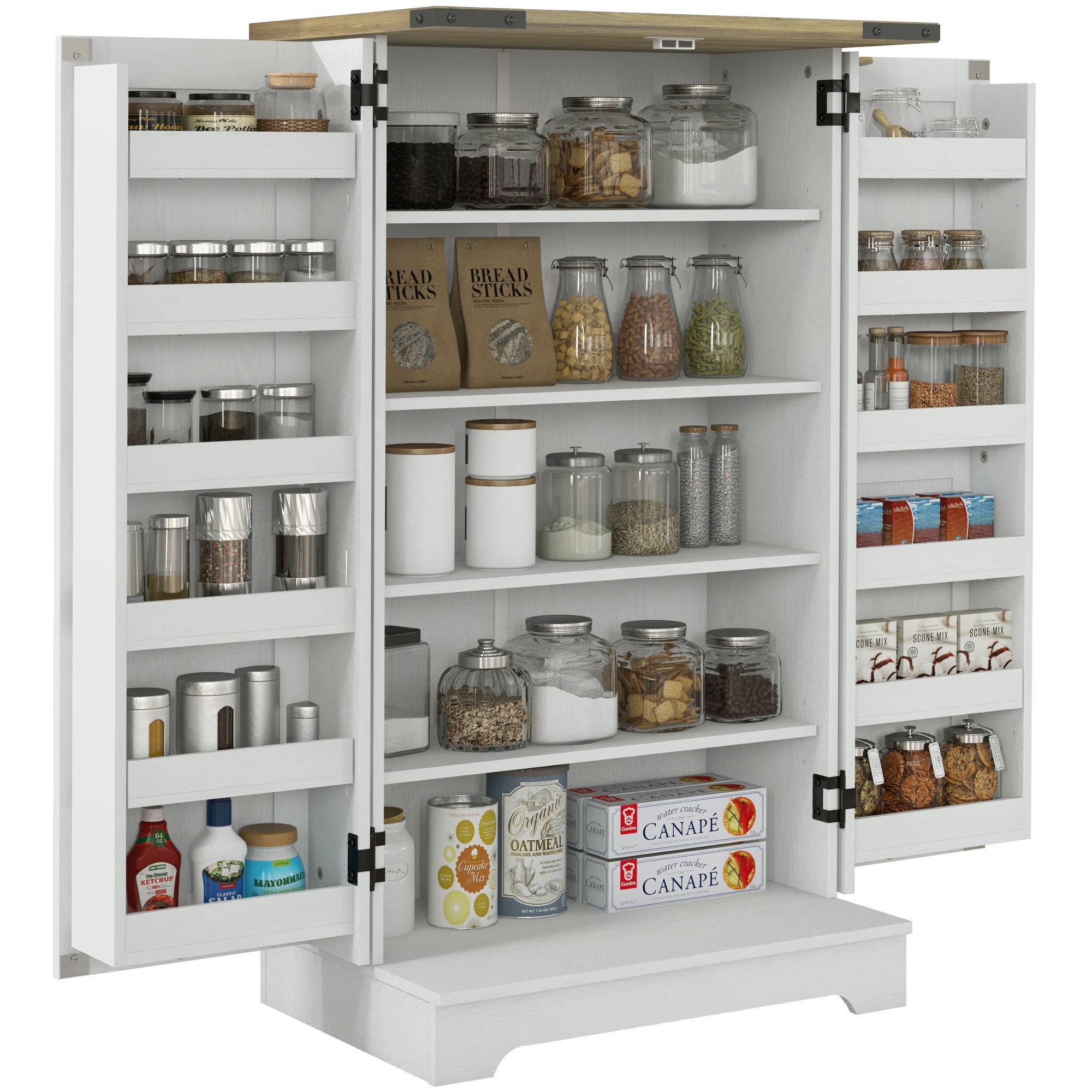 HOMCOM Køkken Skab med 2 Døre og 16 Hylder - Rustikt Pantry med Justerbare Hylder til Spisestue og Stue 60x40x104 cm Creme