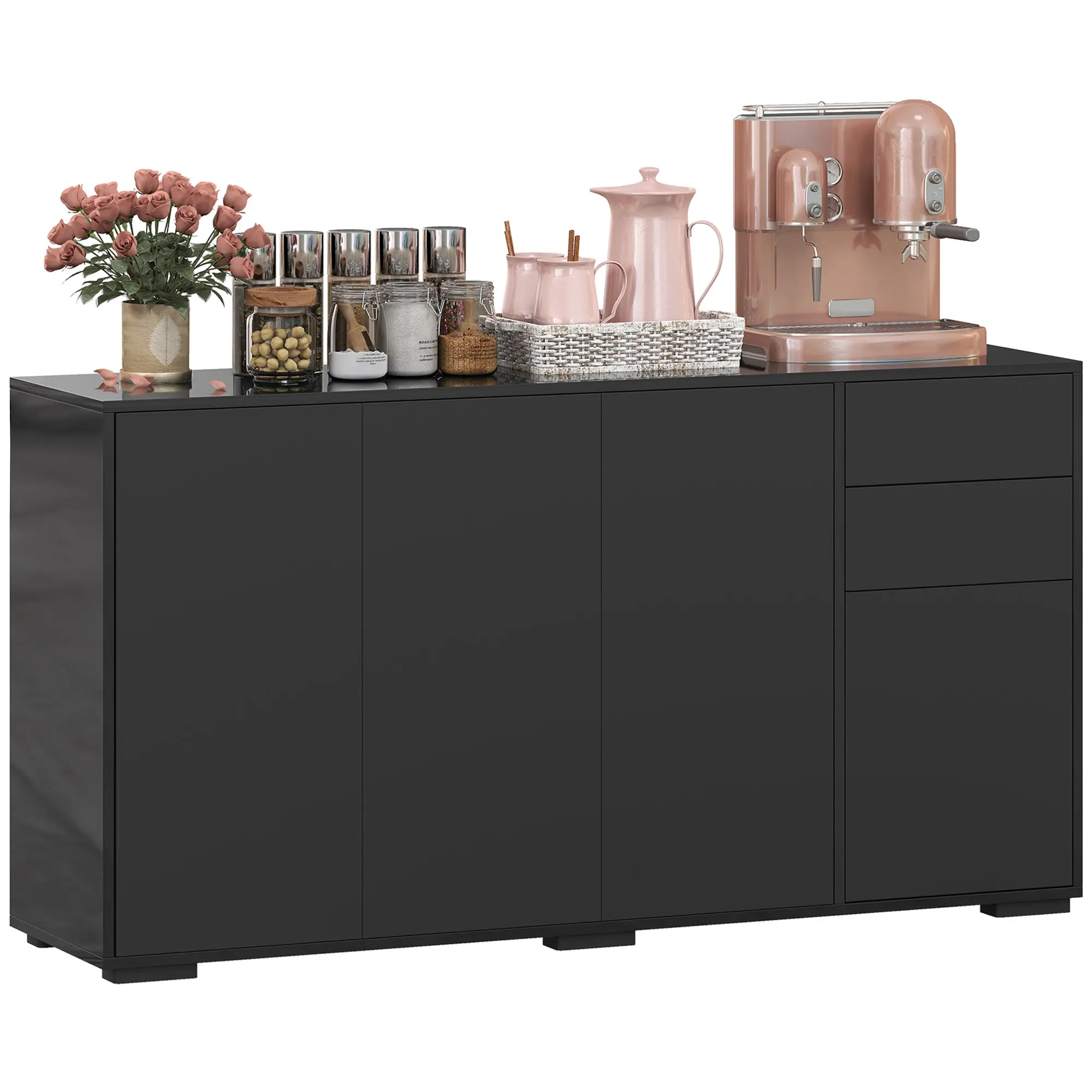 Black Sideboard Buffet – 2 Sliding Drawers, 4 Doors, Adjustable Shelves, Particleboard, 55.1 x 14.2 x 29.1 in
