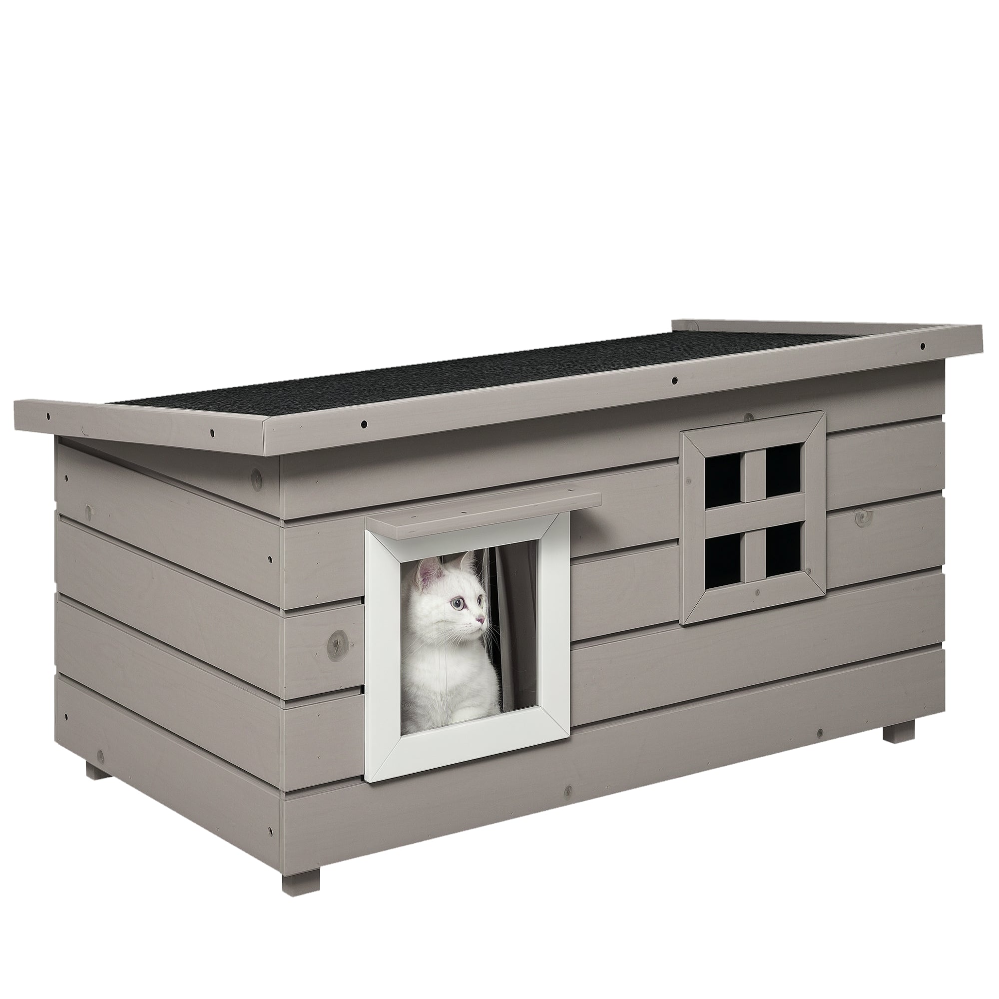 Outdoor Cat House Weatherproof Wooden Cat Shelter with Asphalt Roof Elevated Cat Cabin with PVC Door Window for Garden Patio Balcony 87x52x44 cm Grey