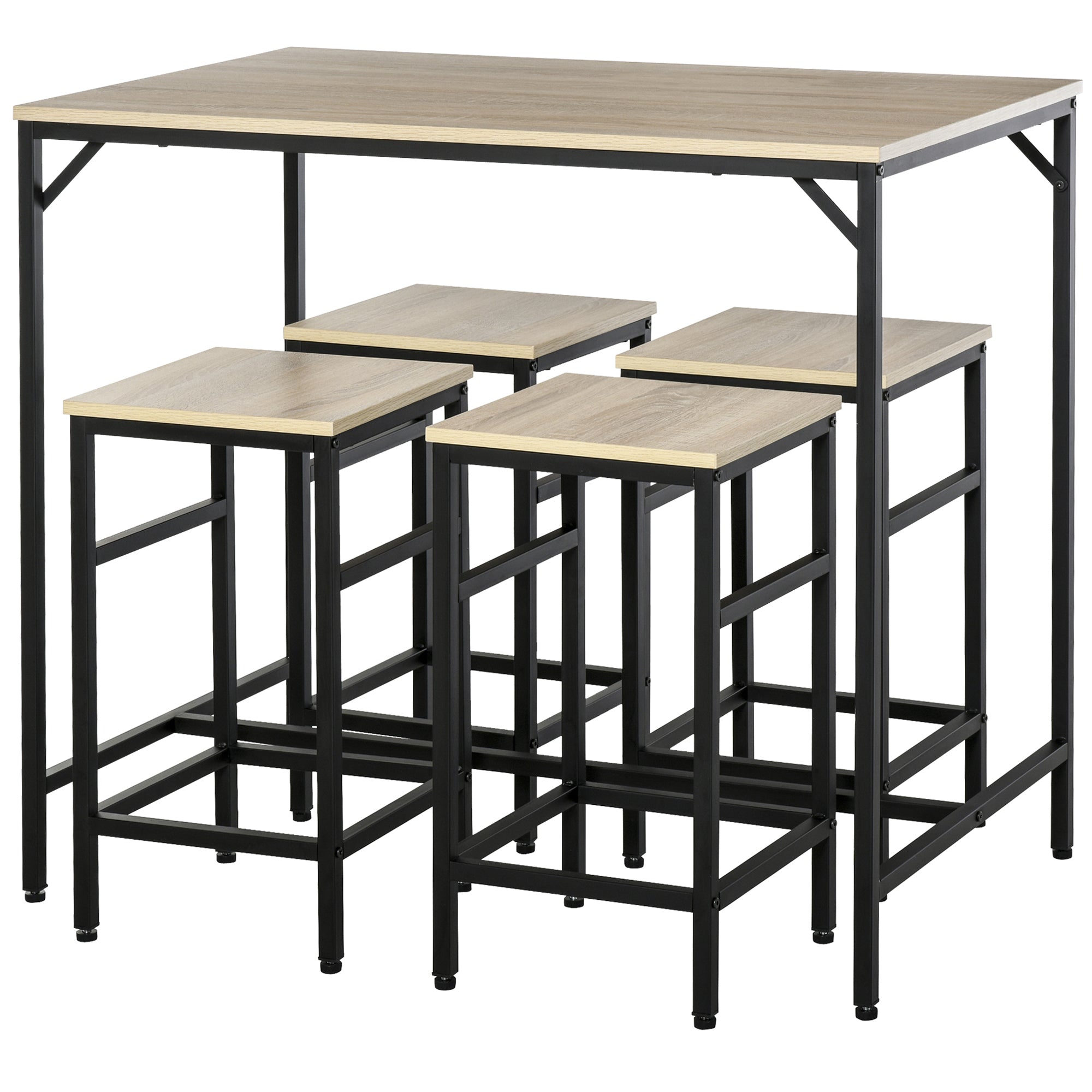 HOMCOM 5-teiliges Bar Tisch Set - Bartisch mit Barhocker Set, Esstisch mit 4 Stühlen, Küchentisch für Esszimmer, Küche, Eiche+Schwarz