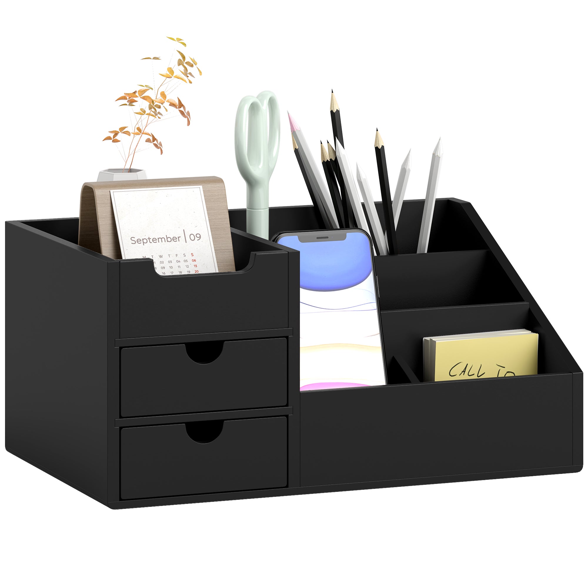 HOMCOM Bambusov Organizator za Namizje z 2 Predali, 6 Predelki in Polička za Pisarno in Dom 33x20,5x15,5 cm Črn