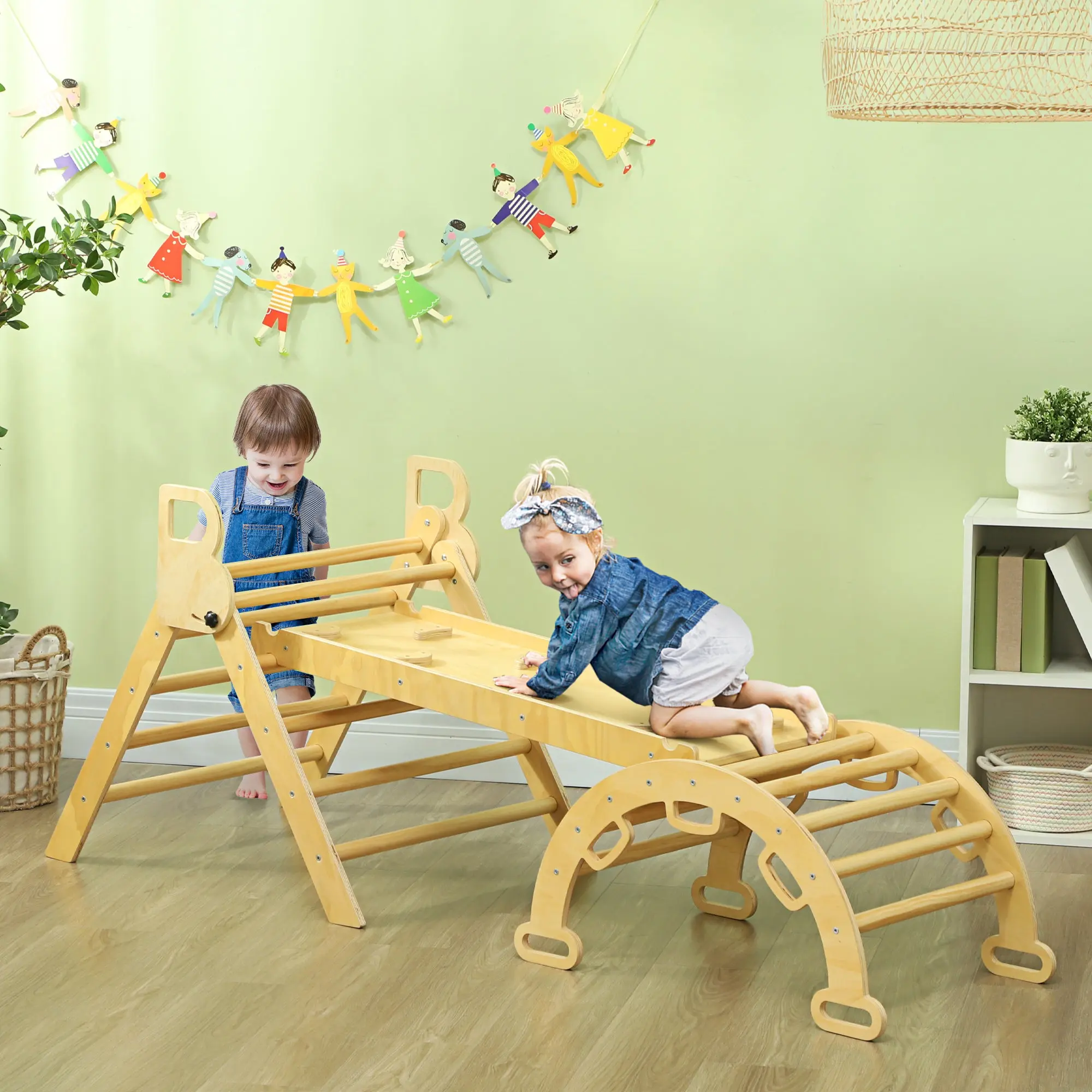 5 in 1 Climbing Triangle Arch for Children with Climbing Triangle, Reversible Climbing Ramp, Slide, Rocker, Max Load 50 kg, for Babies 18 to 48 Months, Natural Wood