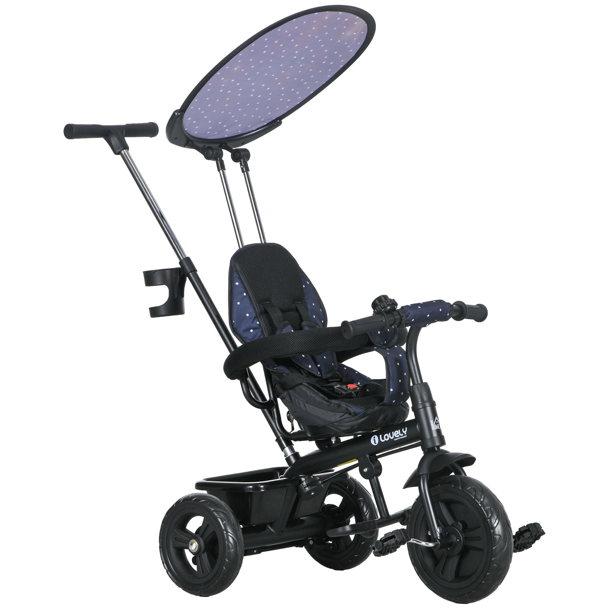 HOMCOM 6-in-1 Dreirad mit Schubstange ab 9 Monate bis 25 kg Kinderdreirad mit abnehmbarem Sonnendach, Sicherheitsgurt Getränkehalter Korb Laufräder Laufrad für 1-5 Jahre Kinder, Dunkelblau