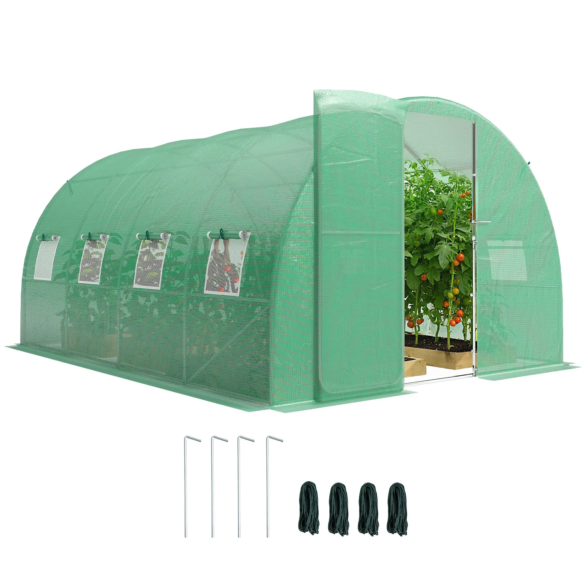 3 x 4 m (12 m²) Tunnel Greenhouse — Galvanized Steel Frame, Hinged Door & 8 Mesh Windows, 140 g/m² PE Cover, Green