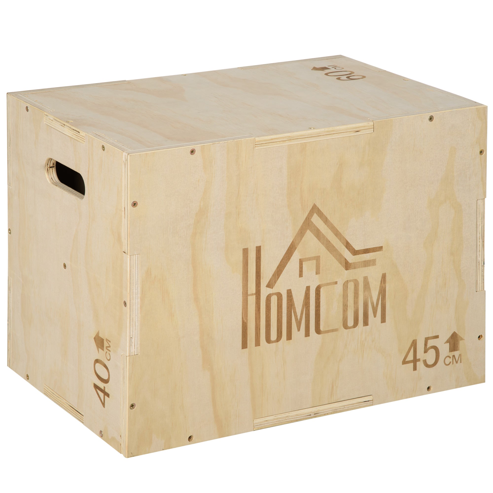 HOMCOM 3-in-1 Holz Plyometrische Box Sprungbox mit 2 Hohlgriffen für Krafttraining zu Hause, im Büro oder im Fitnessstudio | CrossFit Belastung bis 120 kg | 45x40x60 cm | Naturholz