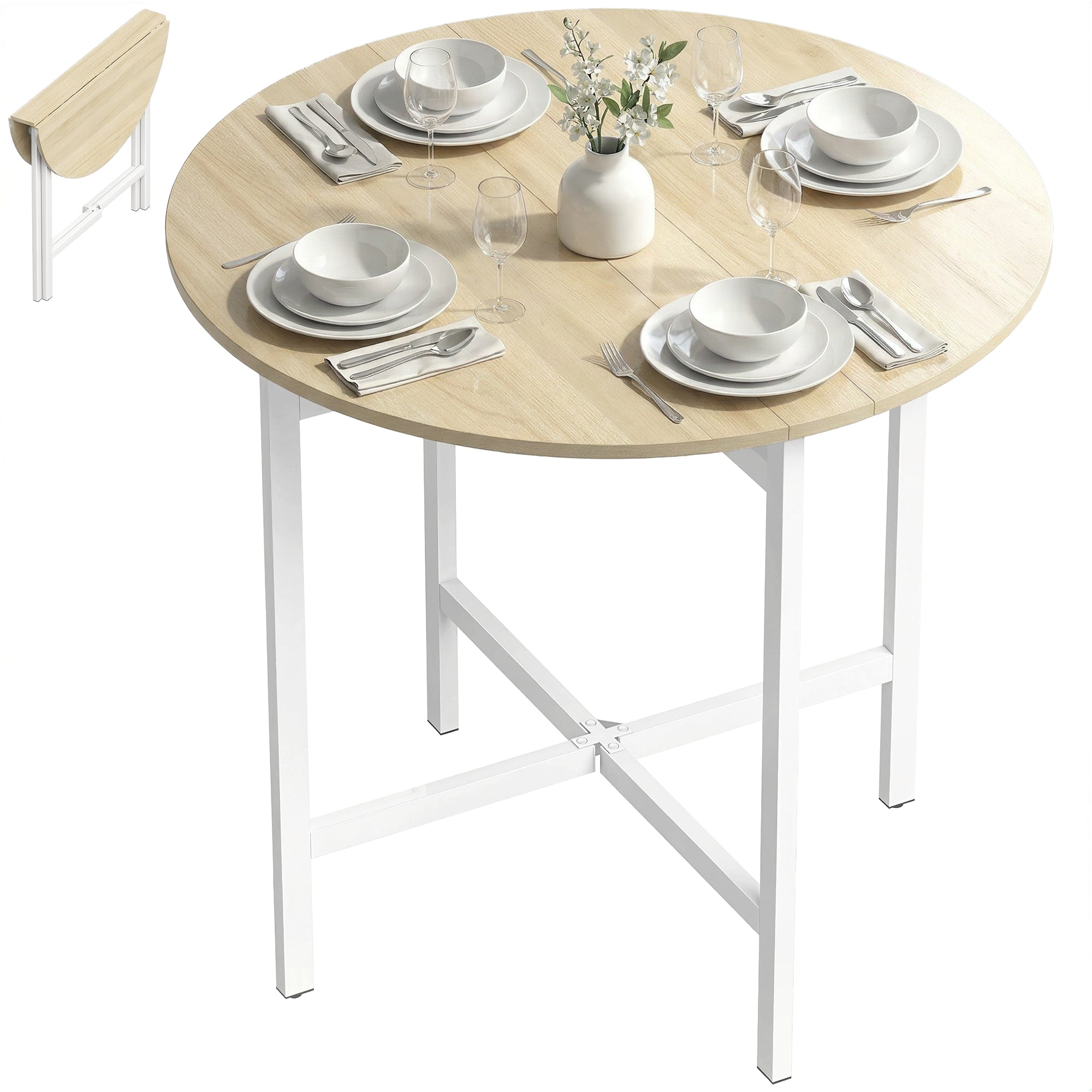 HOMCOM rundt klapbord til 2–4 personer, pladsbesparende med nedfældelige plader, stålramme, trælook/hvid, 80 x 80 x 76 cm