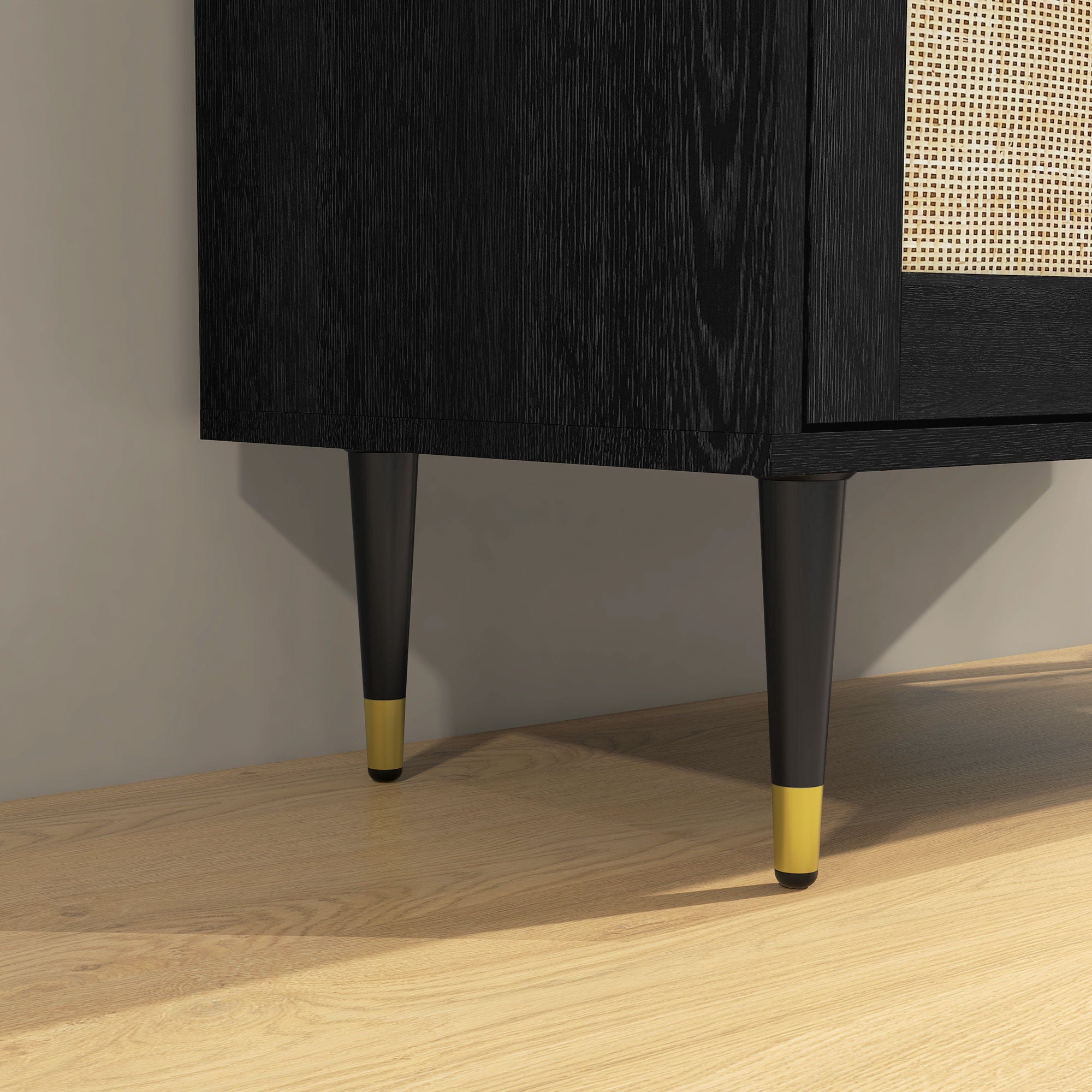 HOMCOM Bohemian Stílusú Konyhai Büfé Tárolószekrény Kétajtós, 2 Szint, Rattan Előlap, 80 x 38 x 79 cm, Fekete