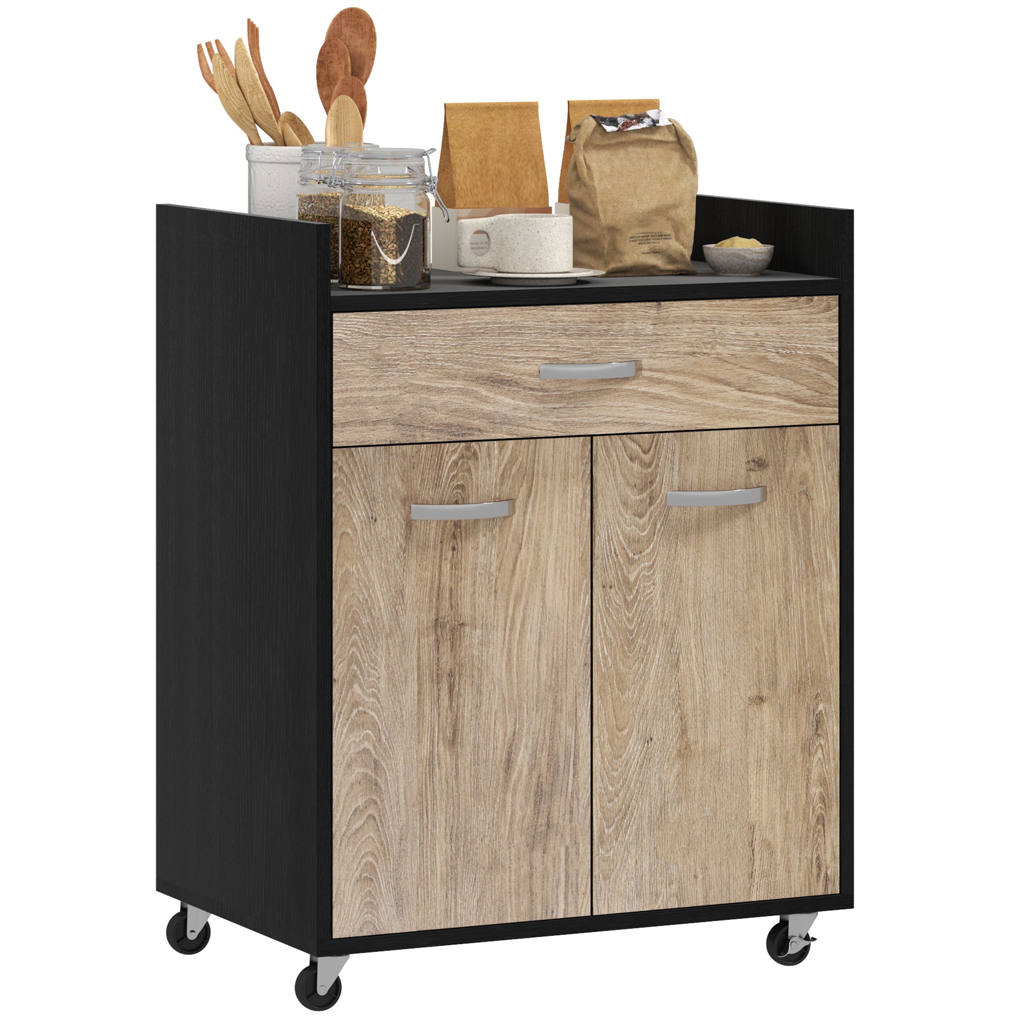 Microwave Kitchen Cart with Drawer and Cabinet, Kitchen Island in Wood with 4 Wheels and Adjustable Shelf, 60x40x77 cm, Black and Gray