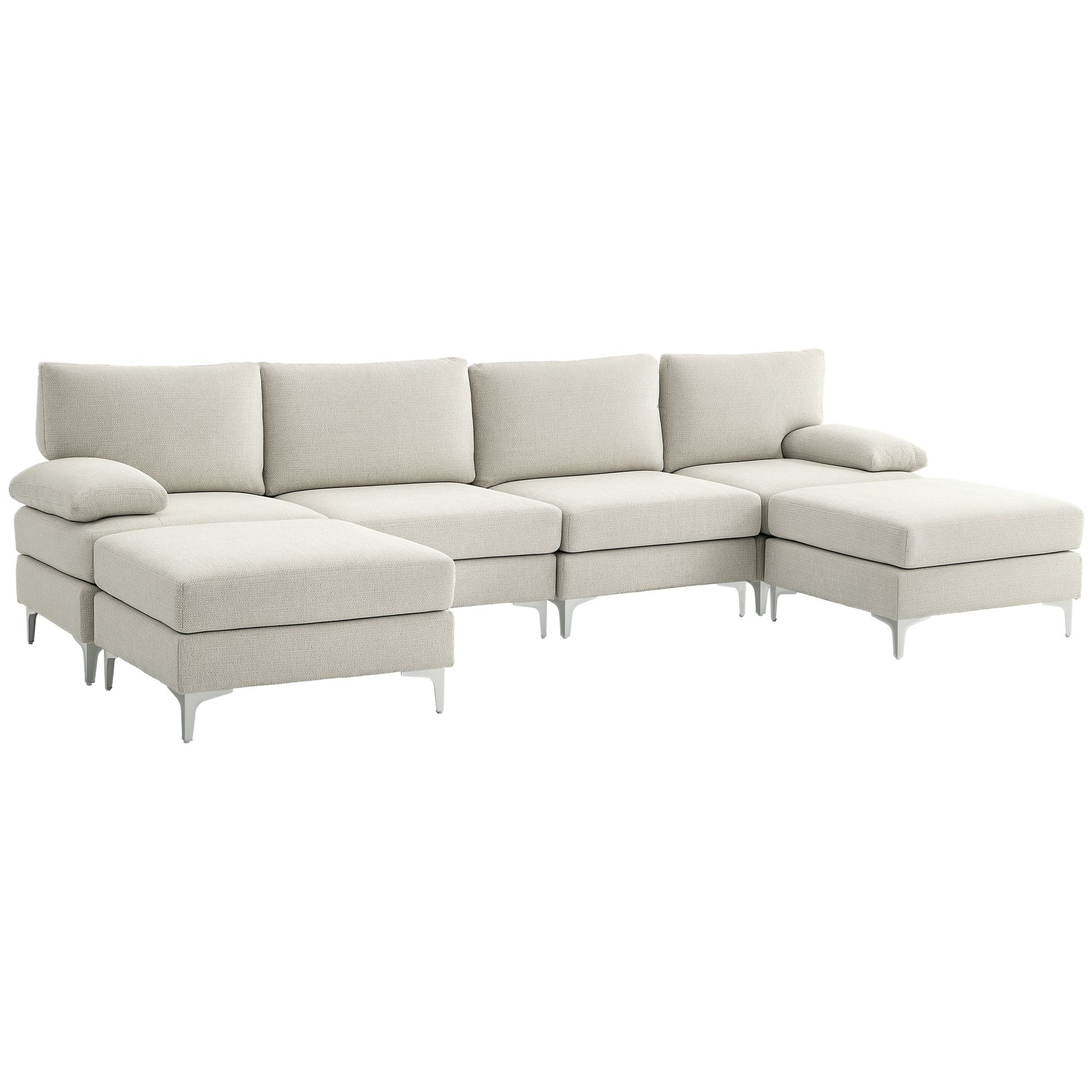 HOMCOM Moduliasti Sofa za 4 osobe s 2 footstoola i jastučićima za ruke i leđa, Chaise Sofa od Chenille Tkanine, 313x149x88 cm, Krem bijela