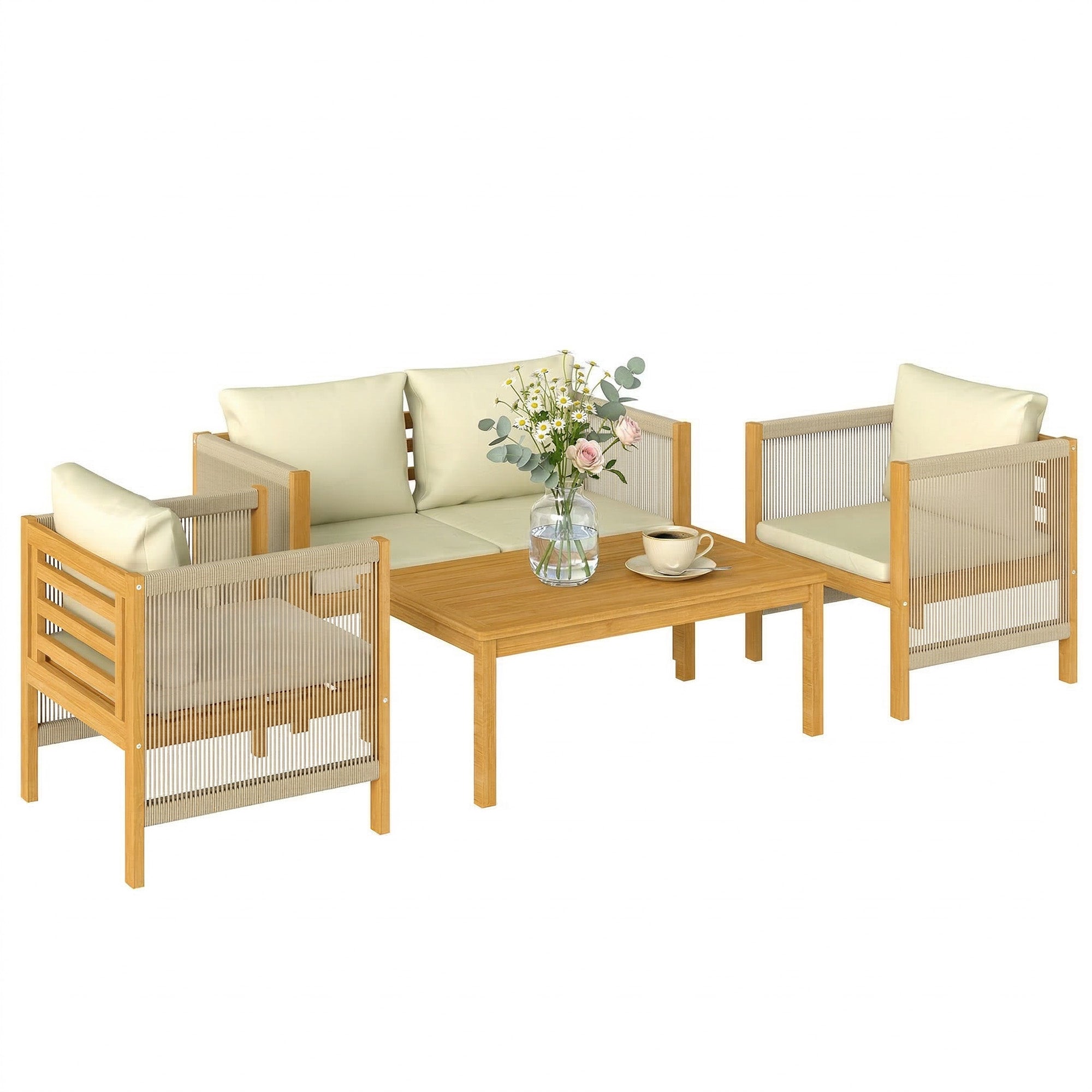 Outsunny 4-dele akacietræ loungesæt til udendørs – 2-personers sofa, 2 lænestole & sofabord, beige