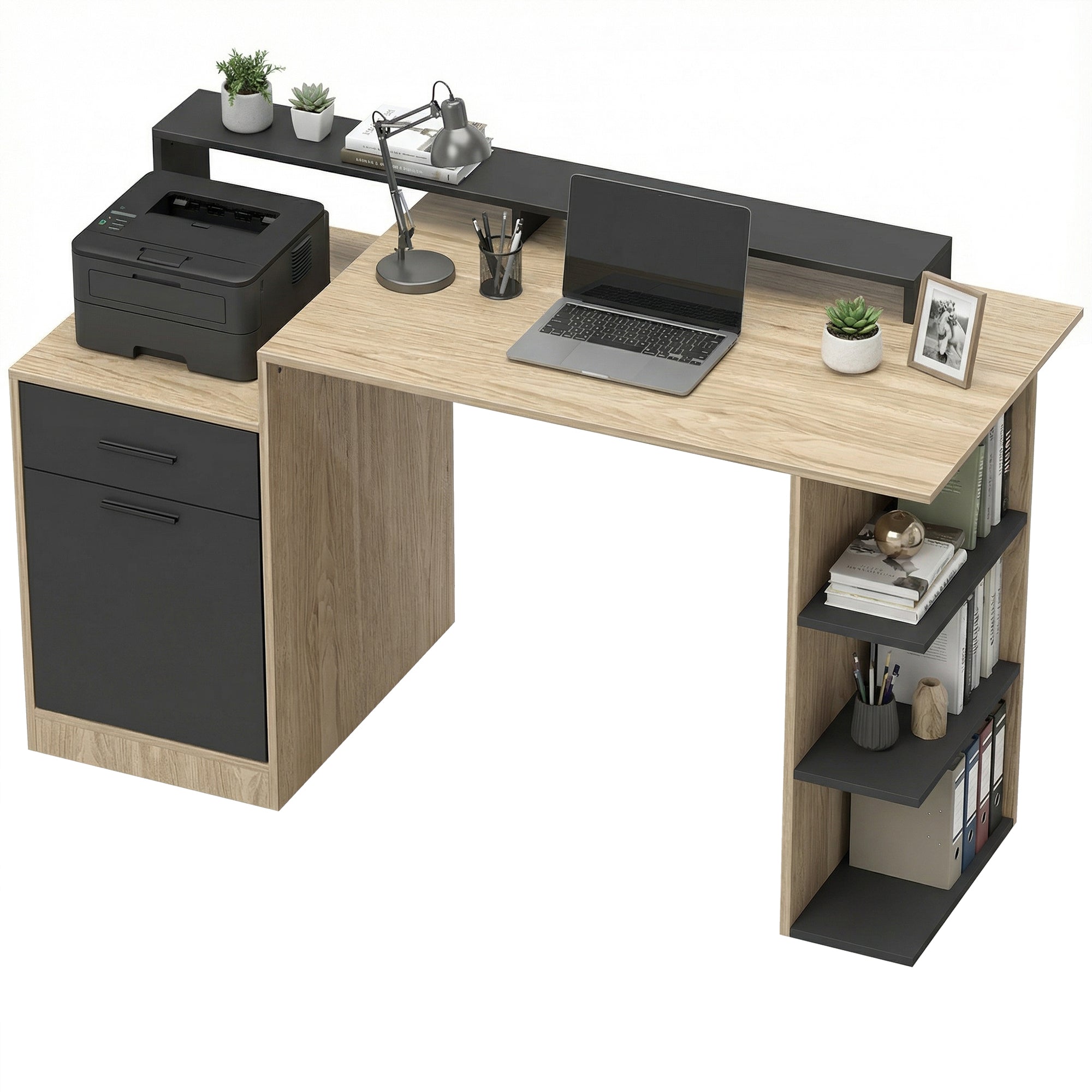 HOMCOM 140 x 60 cm computerbureau met lades, koptelefoonhaak, kast en planken — Eiken/Zwart