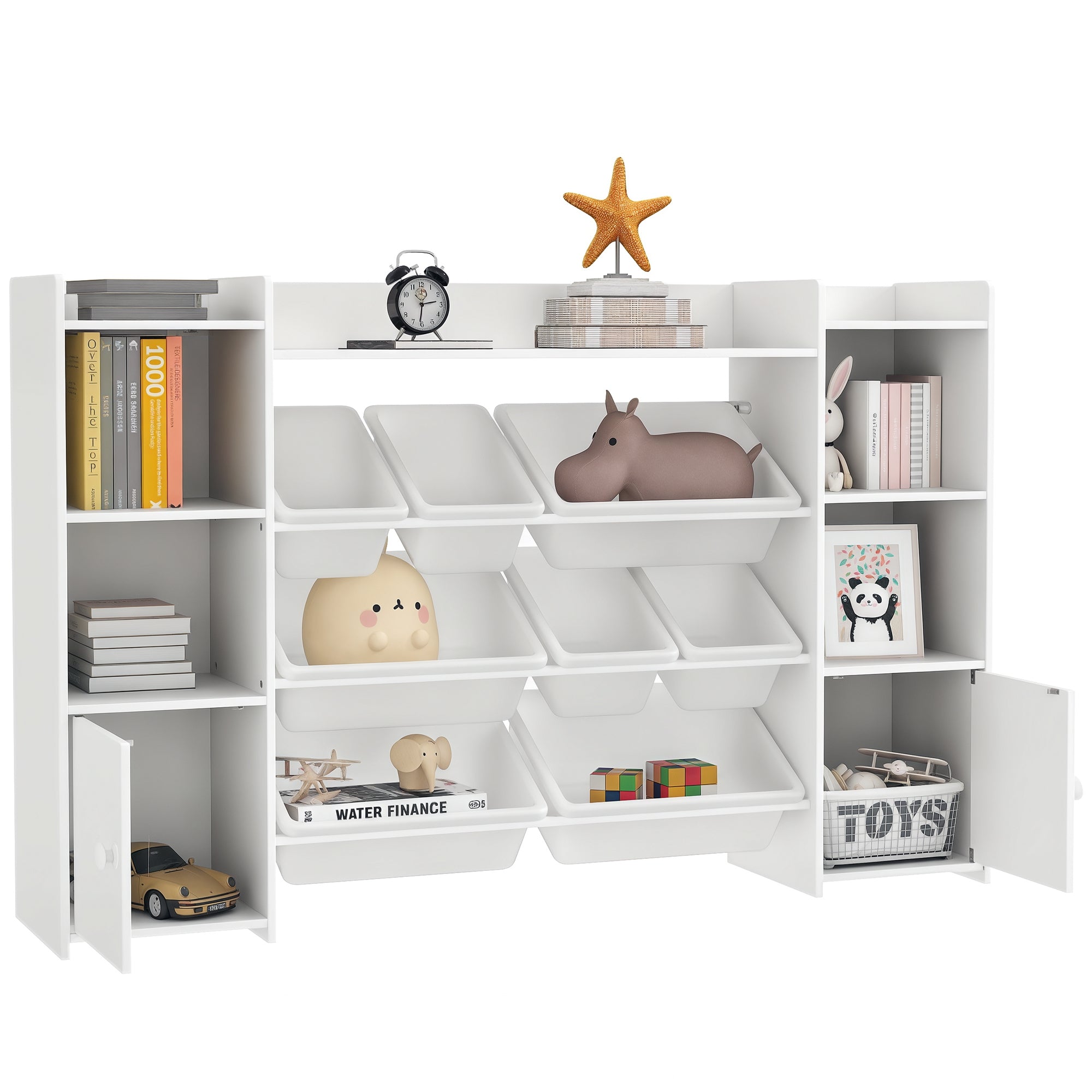 Children's Toy Shelf with 8 Removable Boxes, 4 Open Compartments & 2 Cupboard Compartments, Montessori Bookshelf for Kids Room, Kindergarten, 140 x 30 x 90 cm, White