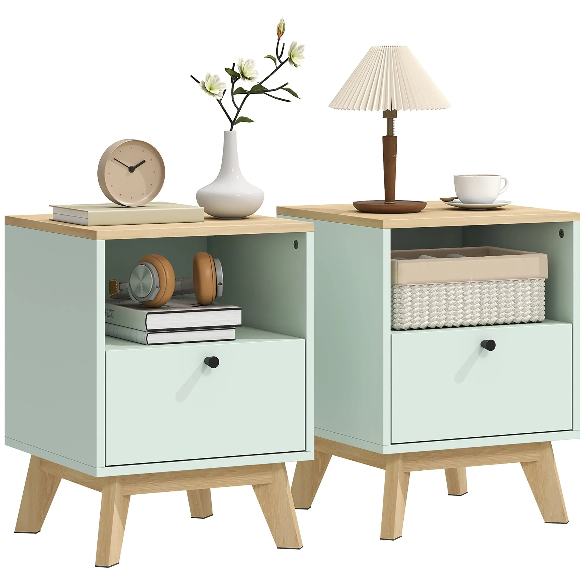 Set of 2 Nightstands with Drawer & Open Shelf, Modern Style for Bedroom or Living Room, 15.7 x 15.7 x 21.7 in, Oak & Light Green