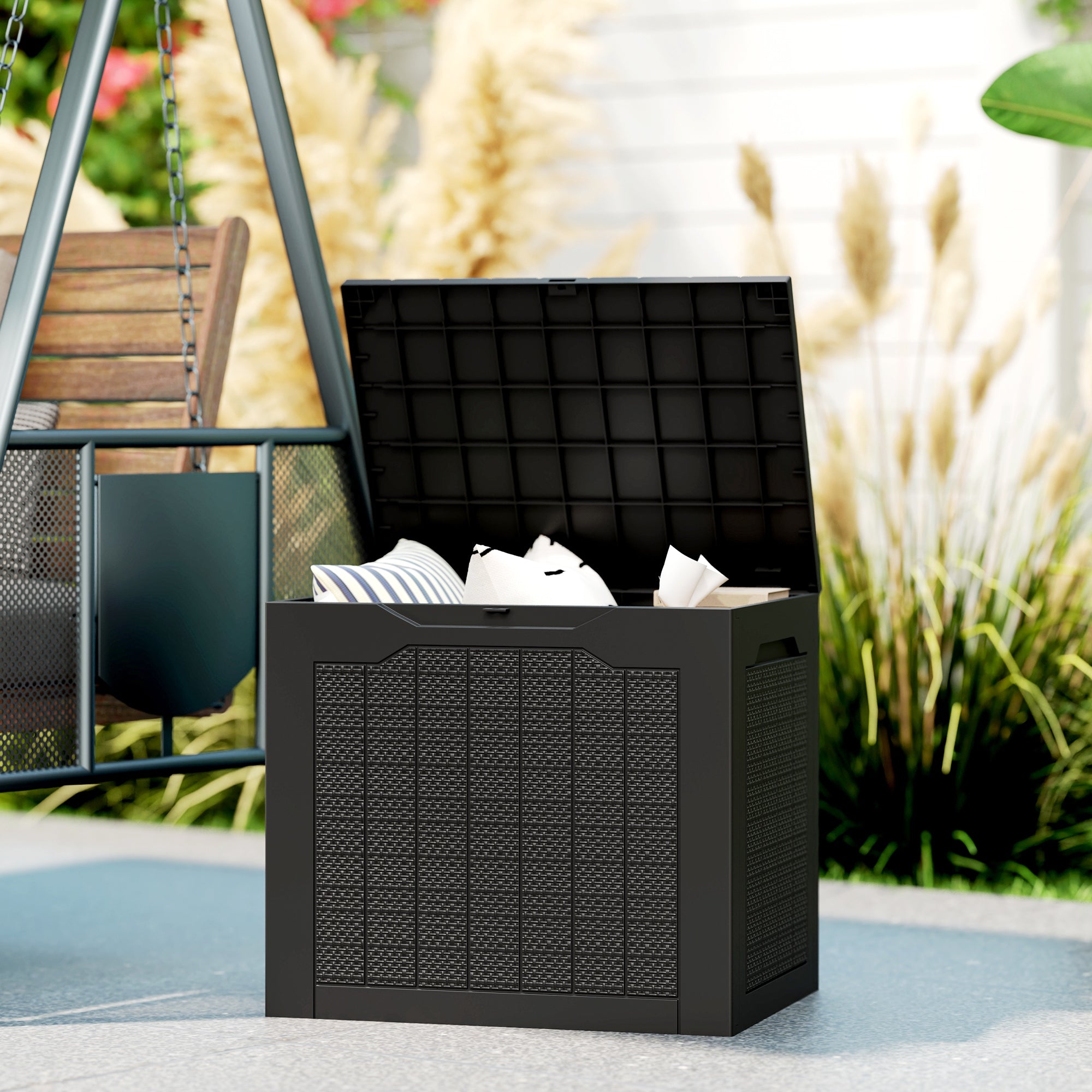Garden Storage Box 93L with Recessed Handles, Waterproof Outdoor Box for Garden and Patio Storage, 56 x 41 x 50 cm, Black