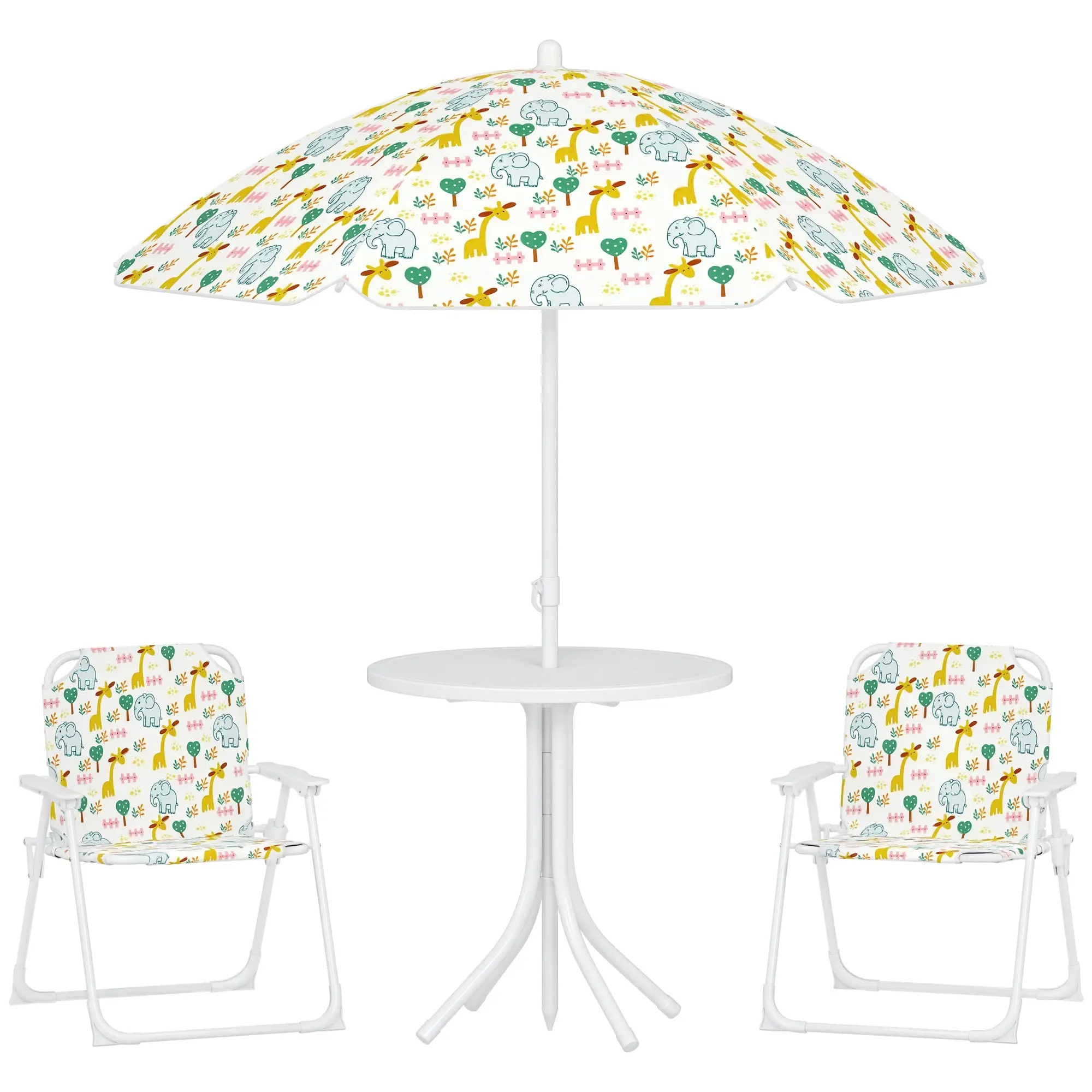 Kids Seating Group with Adjustable Umbrella Kids Table with 2 Folding Chairs Outdoor Garden Furniture for Garden Beach, White