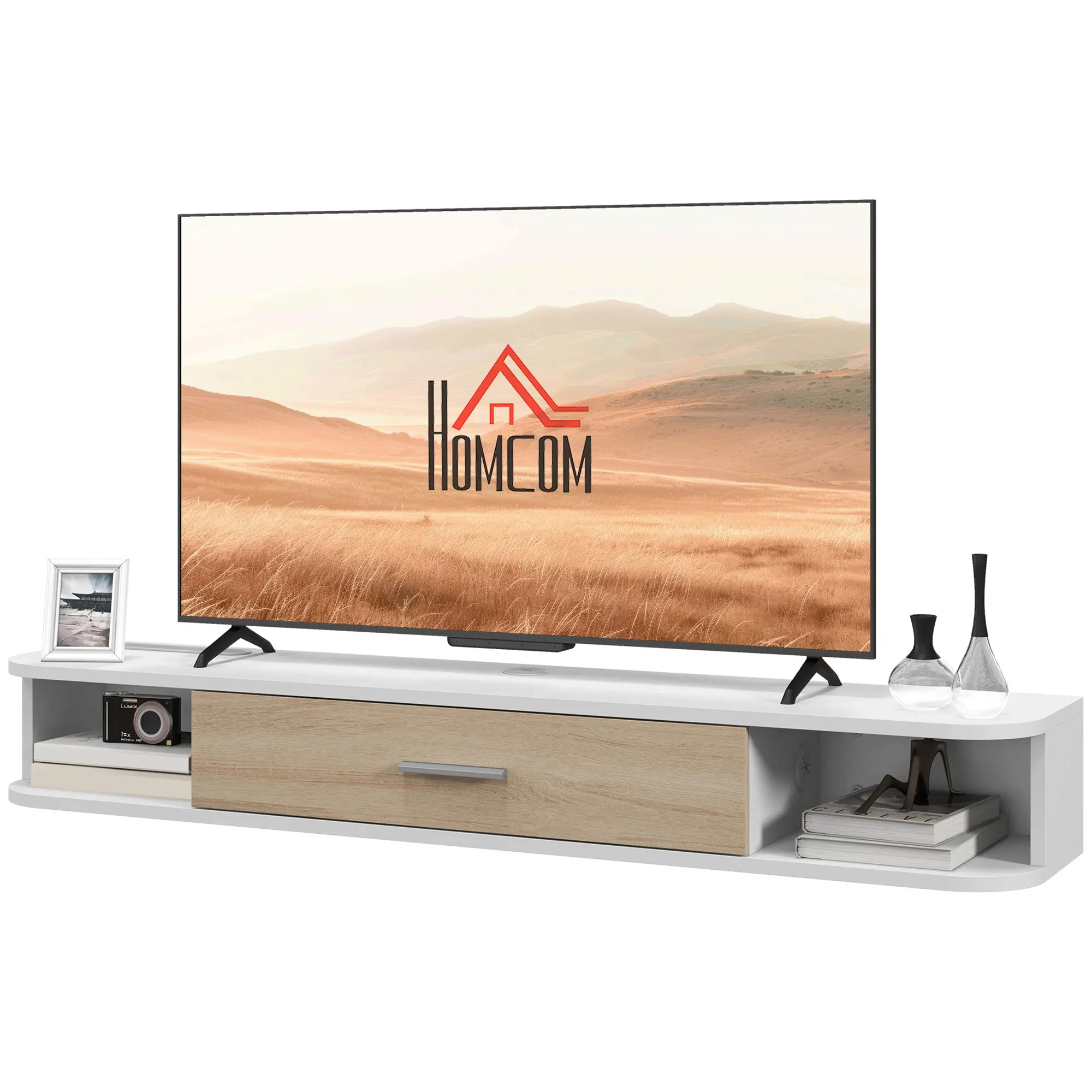 Wall-mounted TV stand TV cabinet for TVs up to 50 inches with 2 open compartments and flip-down door cupboard 120L x 26W x 16H cm White