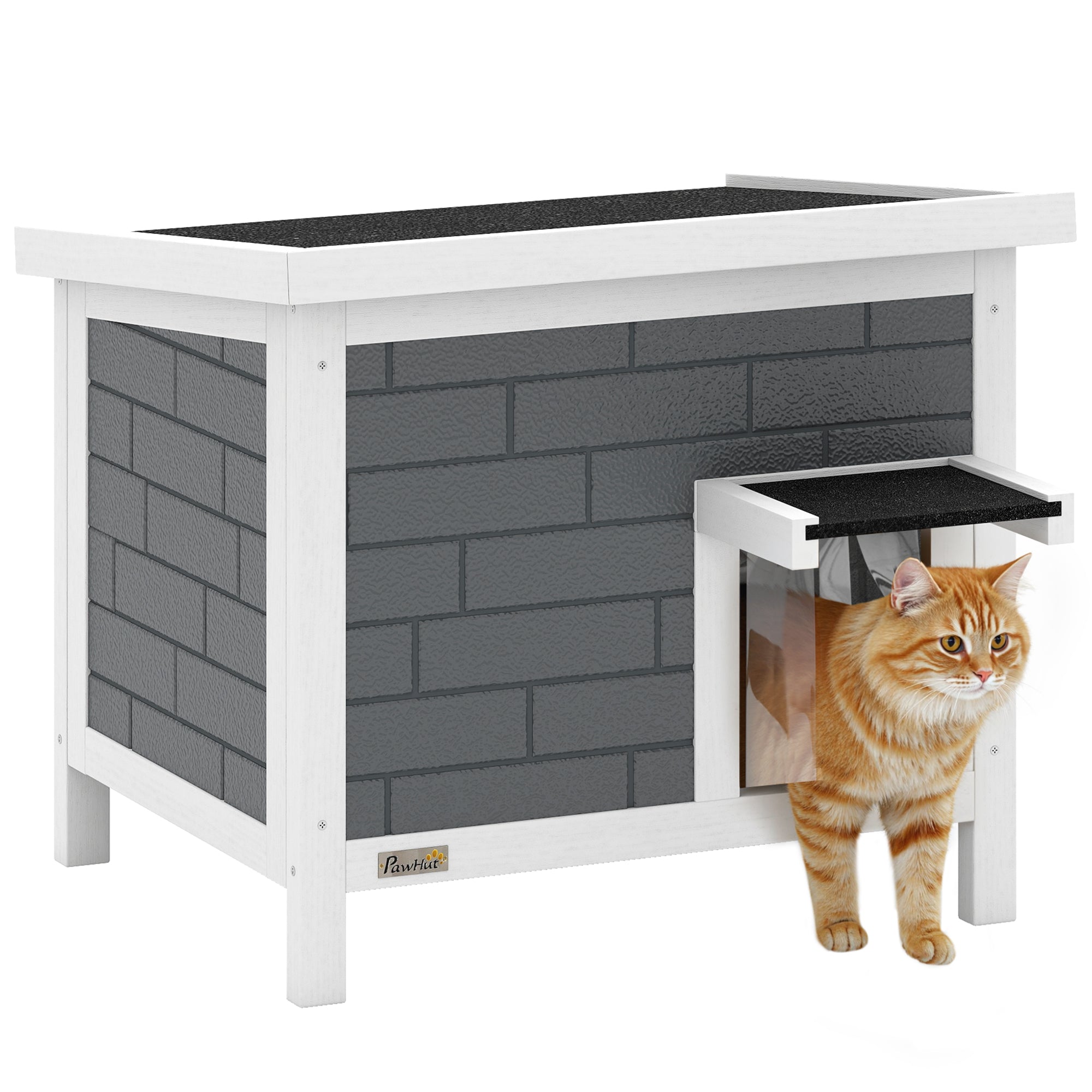 Weatherproof Wooden Cat House with Lift-Top Roof, Insulated Aluminum Panels & Asphalt Roof — 61 x 51 x 53.5 cm (Gray) — Elevated Shelter for Cats up to 5 kg