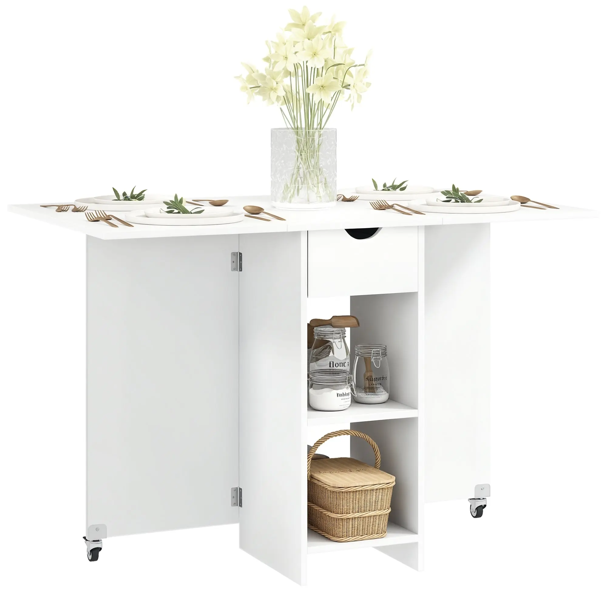 Foldable Dining Table Mobile Kitchen Table for 2-4 People with Open Shelves, 1 Drawer, Folding Table for Small Spaces, Dining Room 114.5 x 70 x 75 cm, White