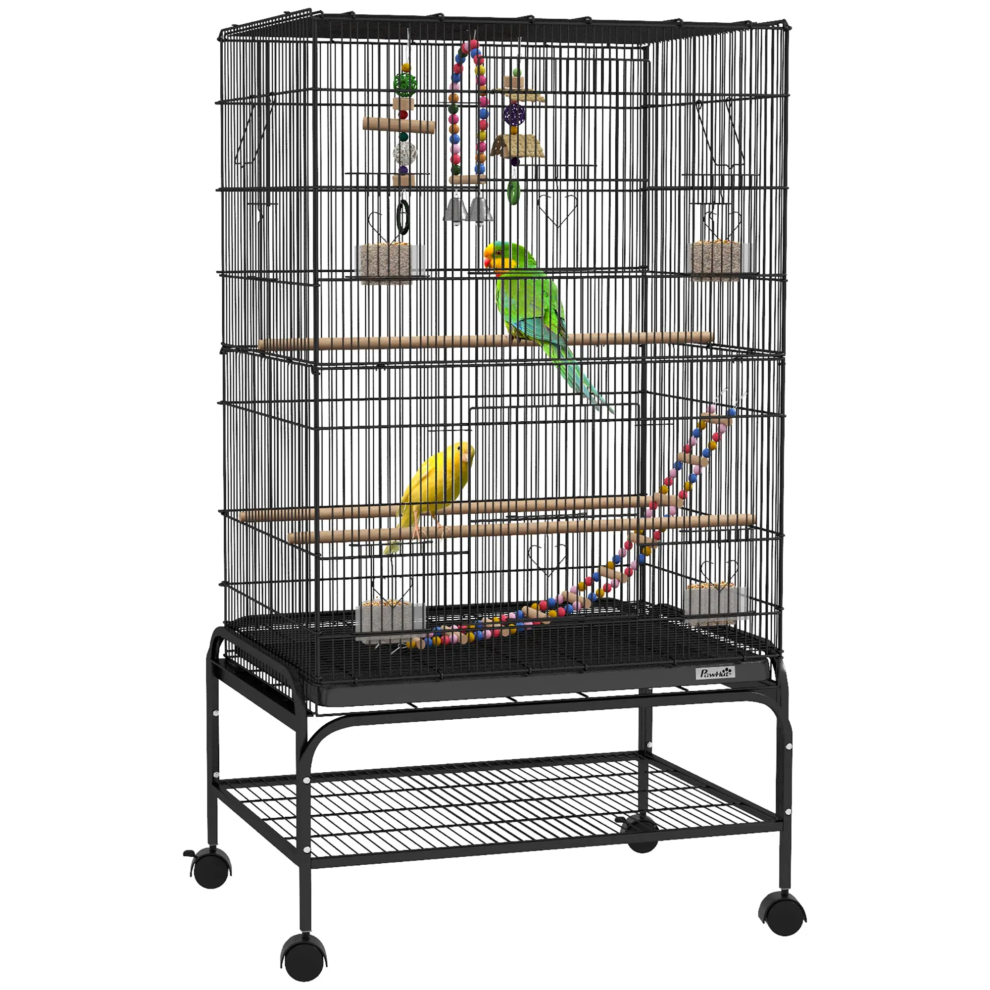 110 cm (43") Bird Cage with Play Area for Budgies, Cockatiels, Canaries & Finches — Wheels, 4 Feeders, Toys, Removable Tray, Shelf — Black