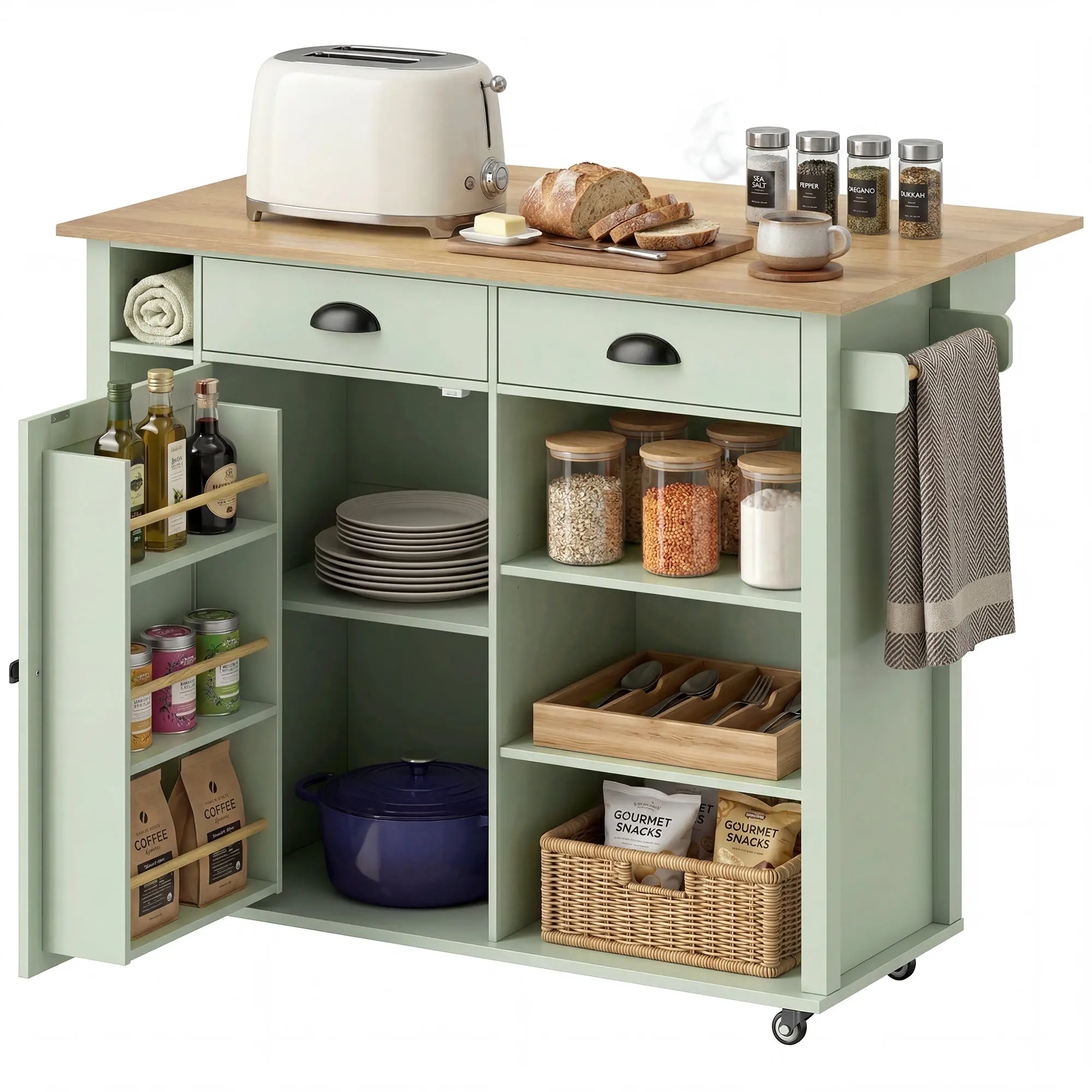 Kitchen Island with Foldable Worktop, Rolling Cart with Cabinet, 2 Drawers, Towel Bar & Adjustable Shelf — Light Green