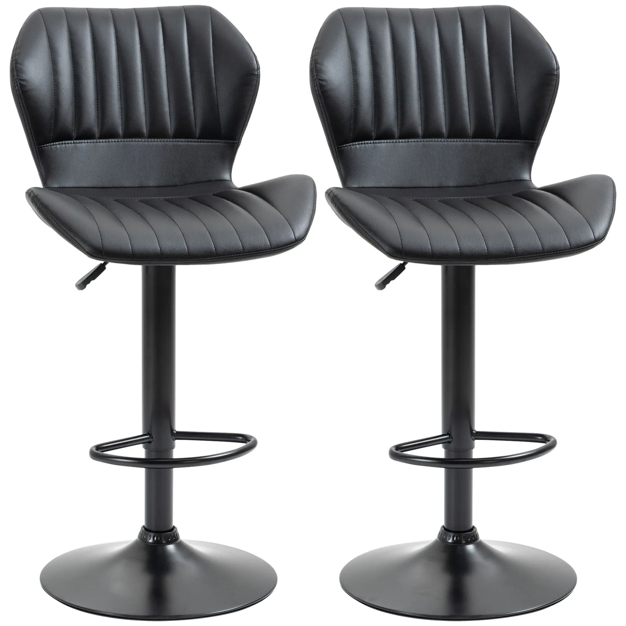 Set of 2 Bar Stools 360° Rotatable Bar Chairs Adjustable Height Bistro Stools with Backrest Swivel Chairs for Bar Counter Kitchen and Dining Room Modern Design Faux Leather Black 48.5 x 55.5 x 90-110 cm