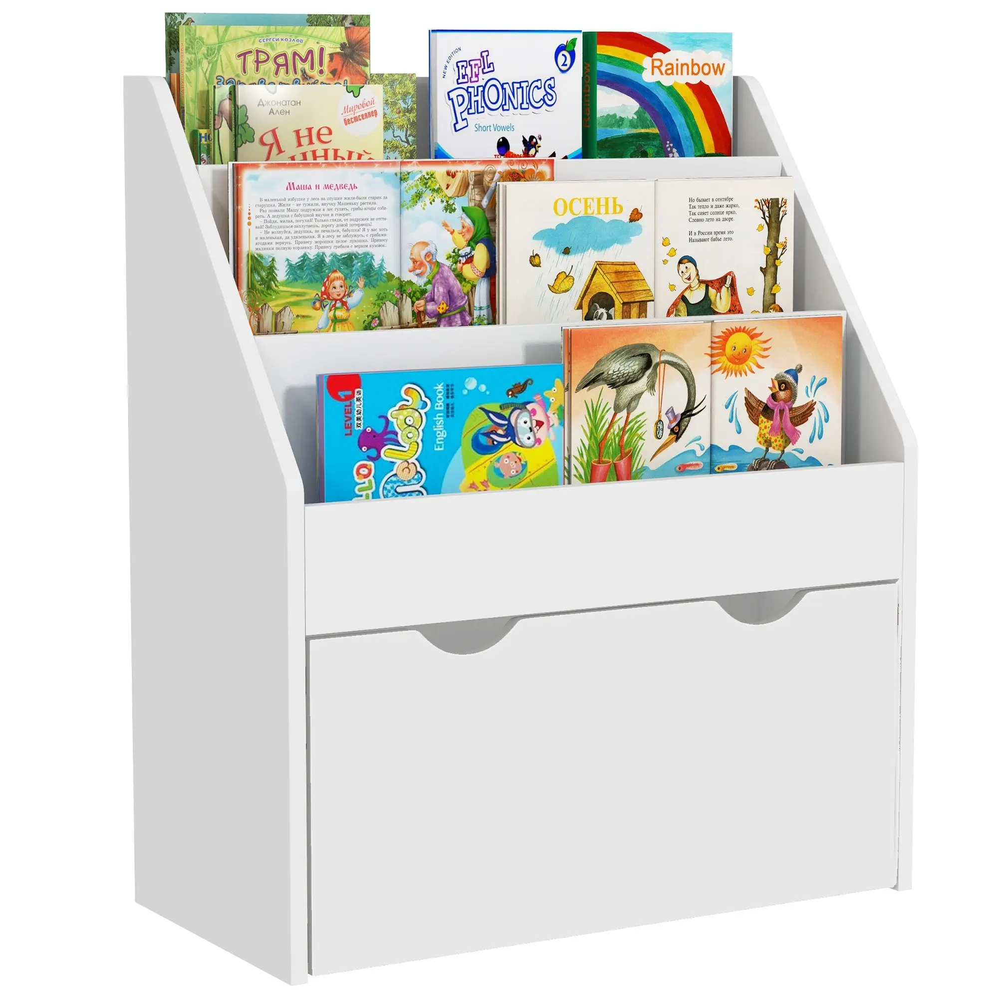 Children's Bookcase 3-8 Years with 3 Shelves and Bottom Drawer, MDF Wood Toy Shelf, 62.5x30x70 cm, White